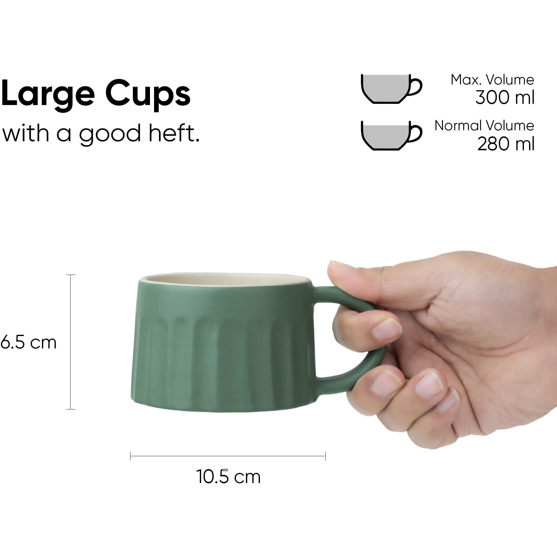 Shay Ceramic Line Cappuccino Cup, Set Of 2, Rustic Green, 300Ml | Cappuccino Cup | Matte Finish | Large Cup For Coffee | Premium Stoneware Coffee Cup | Microwave Safe (Line Cappuccino - Rustic Green)