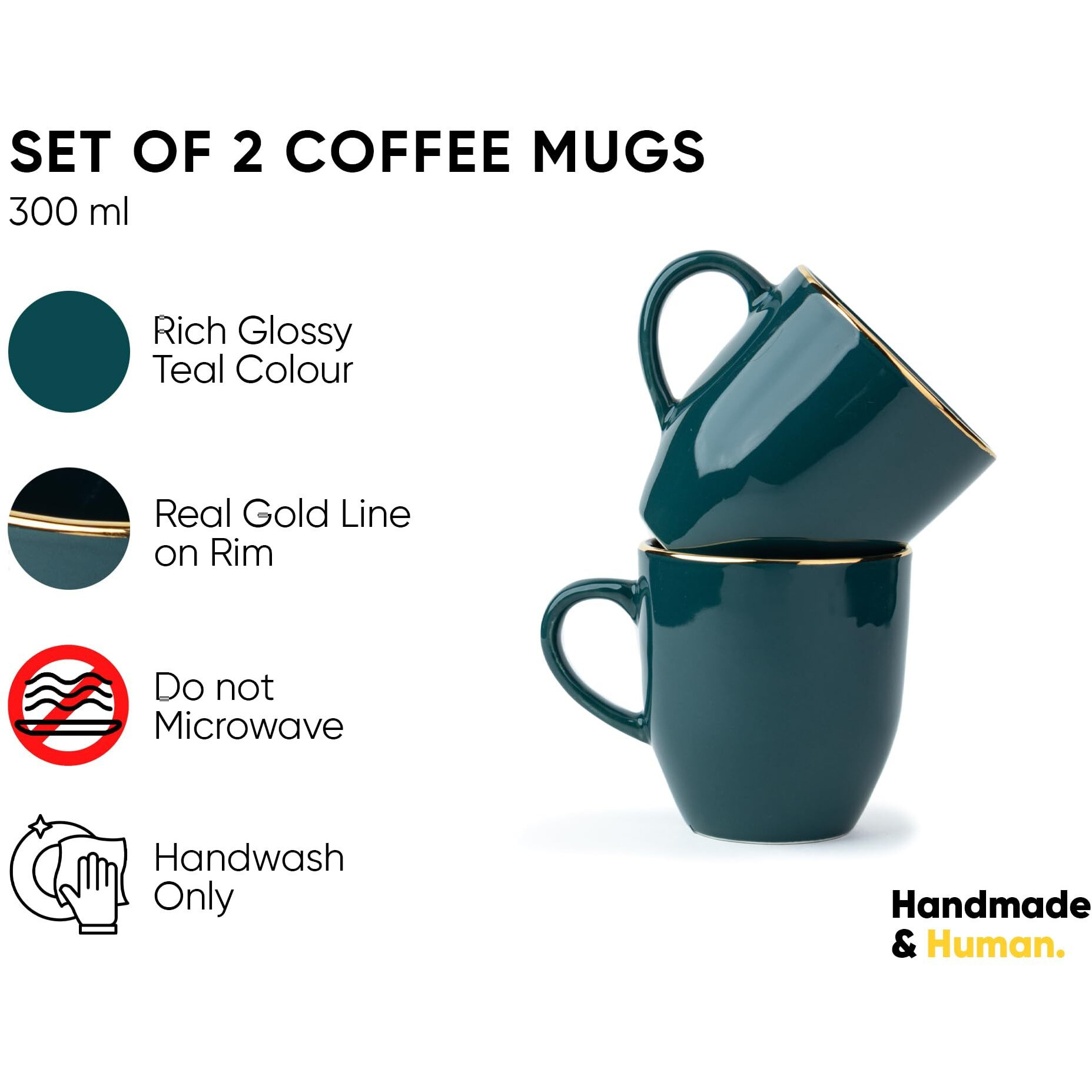 Shay Ceramic Coffee Mug Set, Set Of 2, 300Ml, Teal Gold | Medium Mug | Glossy Finish | Stoneware Coffee Cup Set | Ceramic Cup (Teal Gold Milk Mug, Set Of 2)