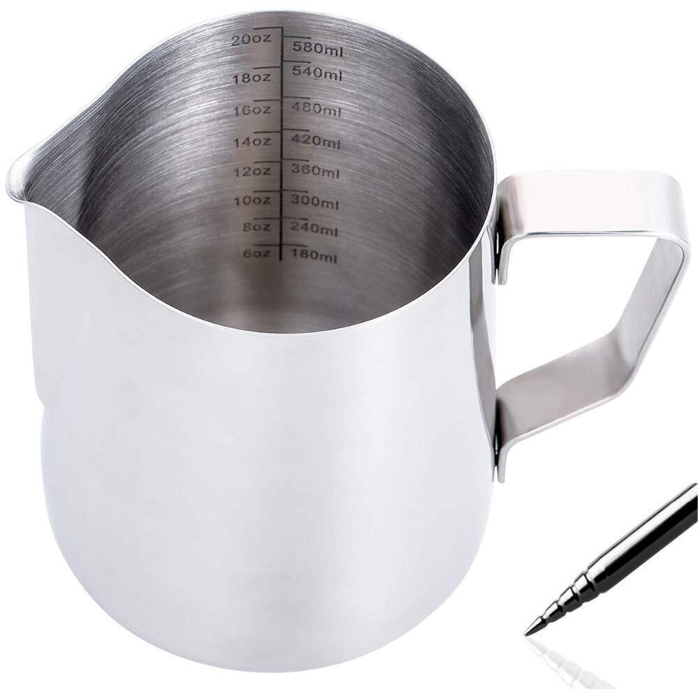 Homepixi Milk Frothing Pitcher (600Ml) With Coffee Art Needle, 304 Stainless Steel Espresso Coffee Pitcher For Latte Art, Jug For Milk Frothing, Barista Tools For Cappuccino & Coffee