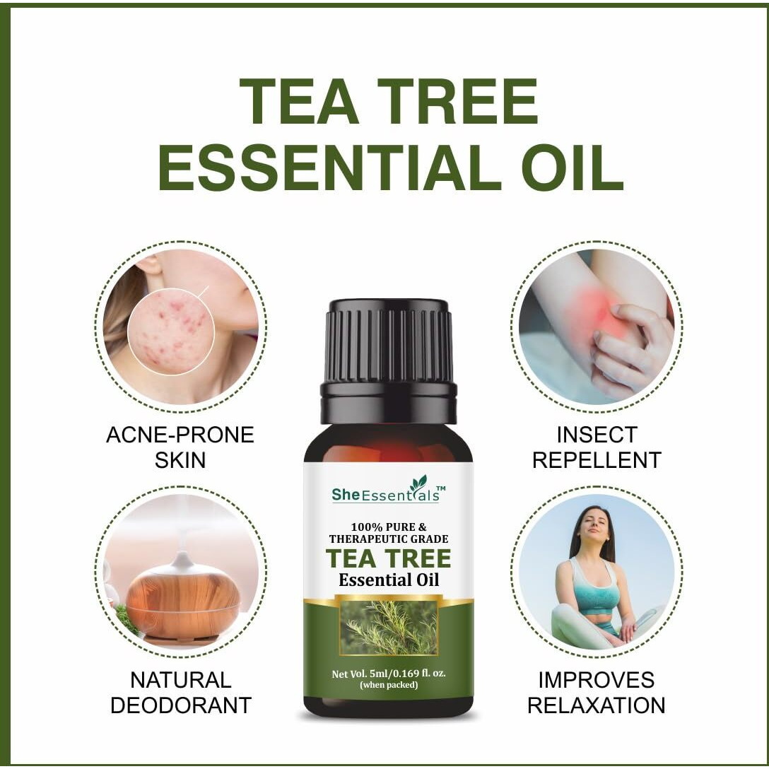 She Essentials Tea Tree, Rosemary, Lavender, Rose & Sandalwood Essential Oils | For Skin, Face, Hair & Aromatherapy | Reduces Acne, Wrinkles & Promotes Hair Growth | Suitable For Women & Men - 5X5Ml