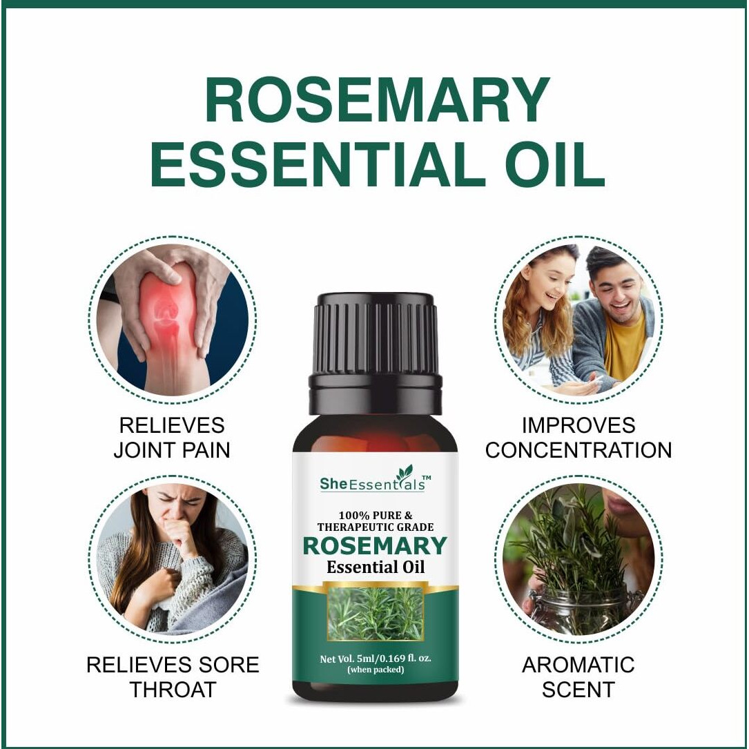She Essentials Tea Tree, Rosemary, Lavender, Rose & Sandalwood Essential Oils | For Skin, Face, Hair & Aromatherapy | Reduces Acne, Wrinkles & Promotes Hair Growth | Suitable For Women & Men - 5X5Ml
