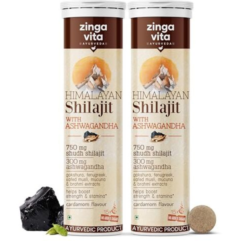 Zingavita Himalayan Shilajit For Men Pure Original Shilajit/Shilajeet (750 Mg) With Ashwagandha Effervescent Tablets For Stamina & Performance Cardamom Flavour | 100% Ayurvedic | Pack Of 2