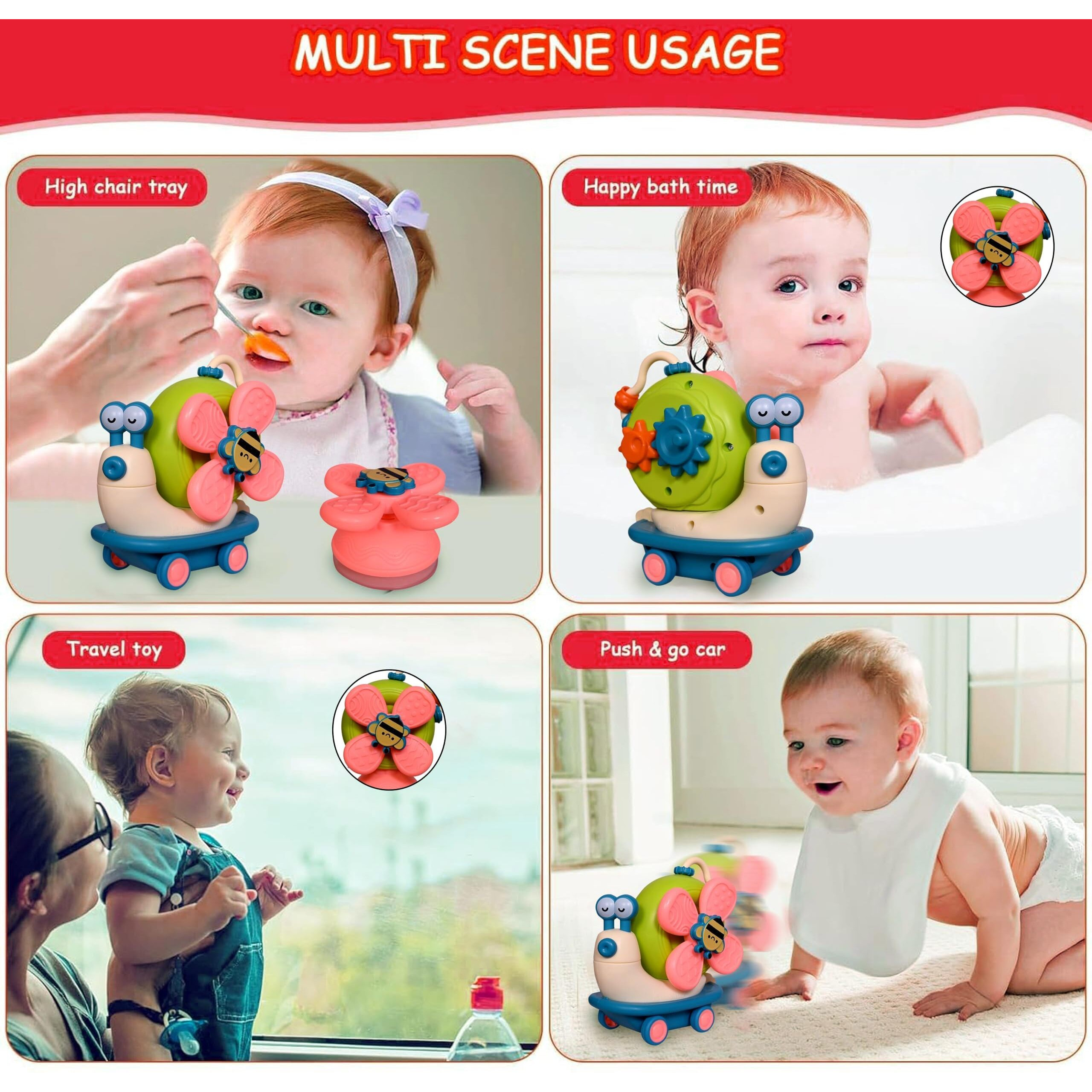 Tec Tavakkal Suction Cup Spinner Toys Sensory Montessori Educational Toys Cute Animal Food Grade Silicone Baby Bath Toys Convertible Push-And-Go Car Learning Activities Gifts For Kids (Pink)