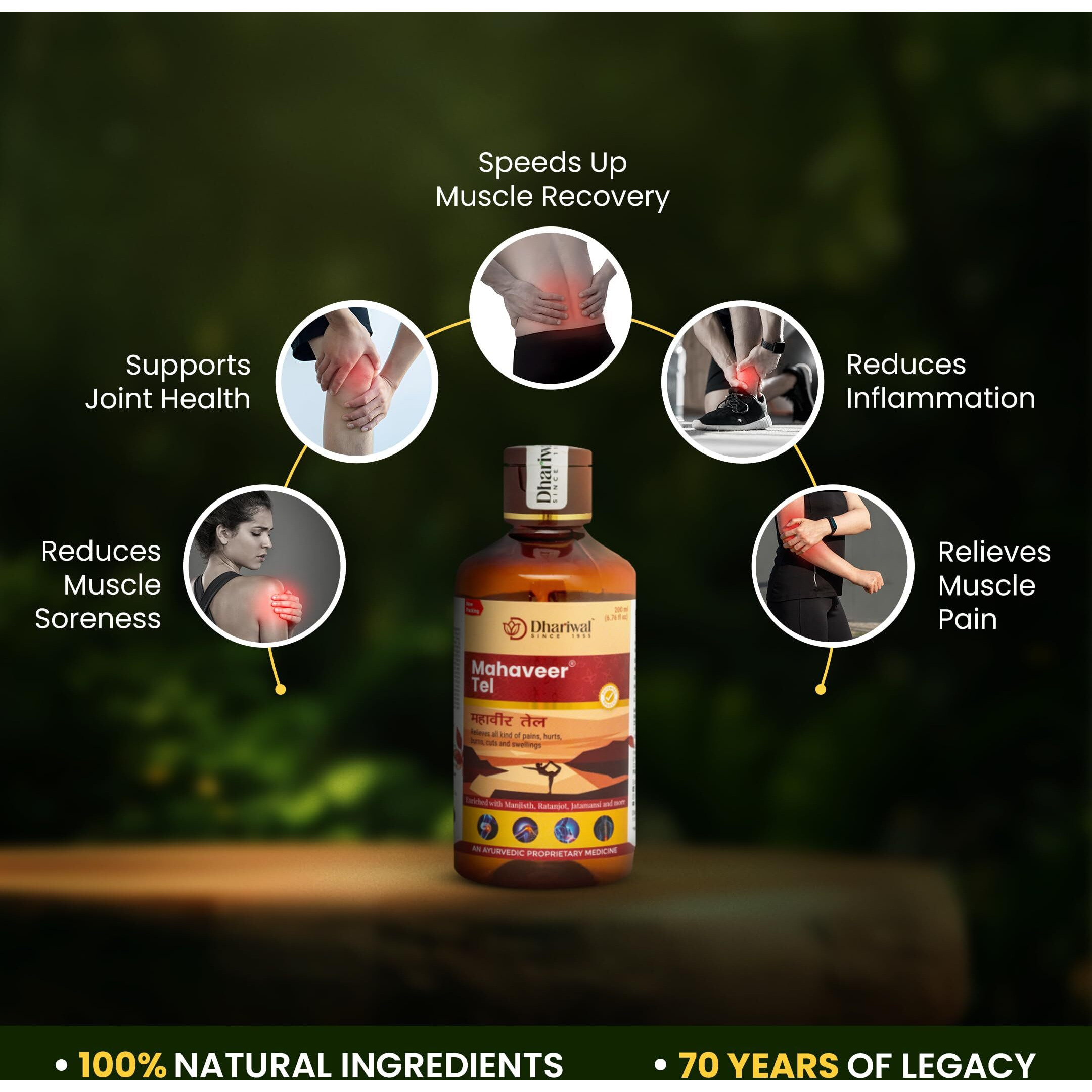 Dhariwal Ayurveda Mahaveer Tel 200 Ml | Ayurvedic Pain Relief Oil | Joint, Knee & Muscle Pain, Back Pain & Sprain Pain | Natural Pain Relief Oil For Comfort & Relaxation With Ratanjot, Manjistha, & Jatamanshi