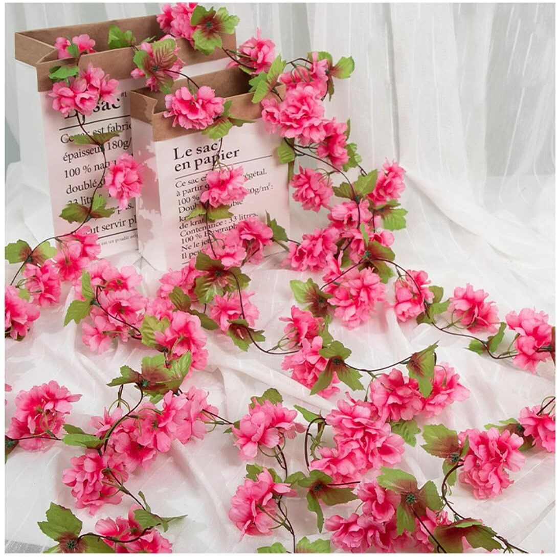 Satyam Kraft 2 Lines Artificial Cherry Blossom Rattan Vine (7.5 Ft) | Hanging Flower Garland For Home, Office, Wedding & Festival Decoration (Dark Pink, 230 Cm)