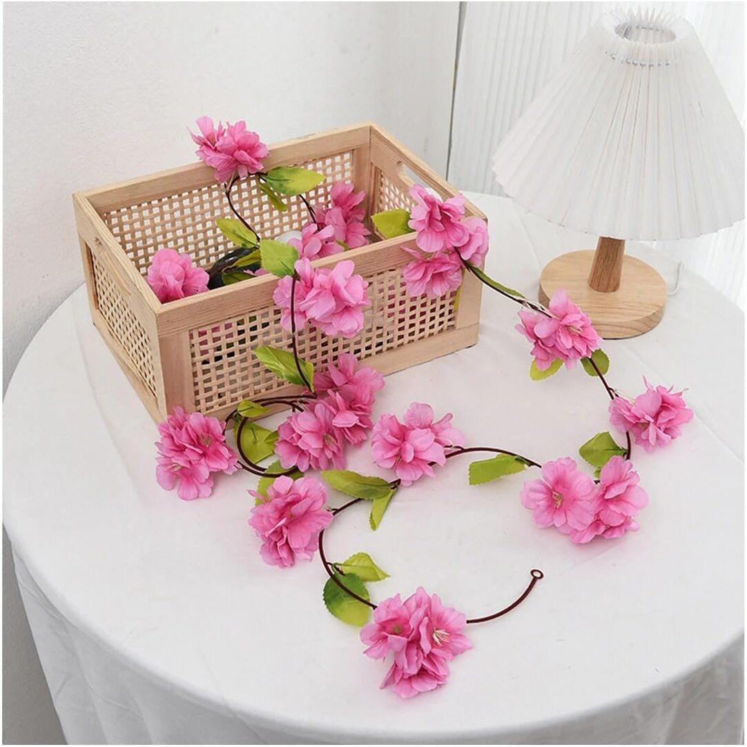 Satyam Kraft 2 Lines Artificial Cherry Blossom Rattan Vine (7.5 Ft) | Hanging Flower Garland For Home, Office, Wedding & Festival Decoration (Dark Pink, 230 Cm)