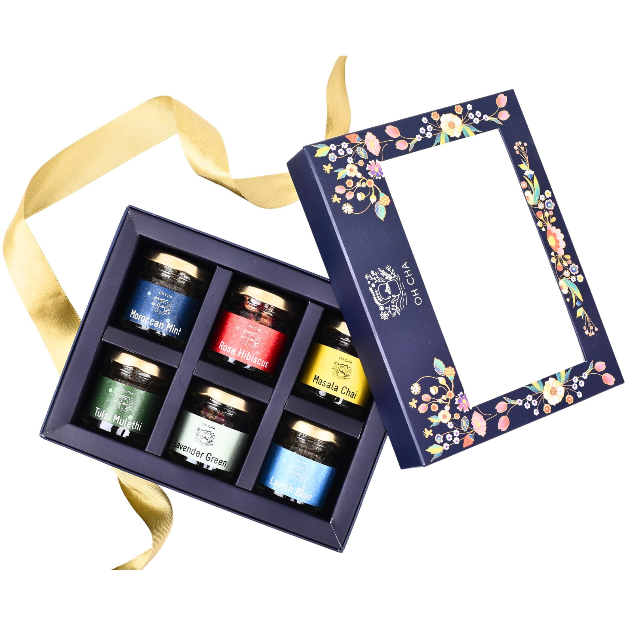 Oh Cha - Assorted Teas Gift Box | Tea Gift Set With 6 Flavors | Festive Gift Box | Green Tea, Black Tea, Herbal Tea | Birthday Gift For Girls, Men, Women, Healthy Gift Pack, Loose Leaves