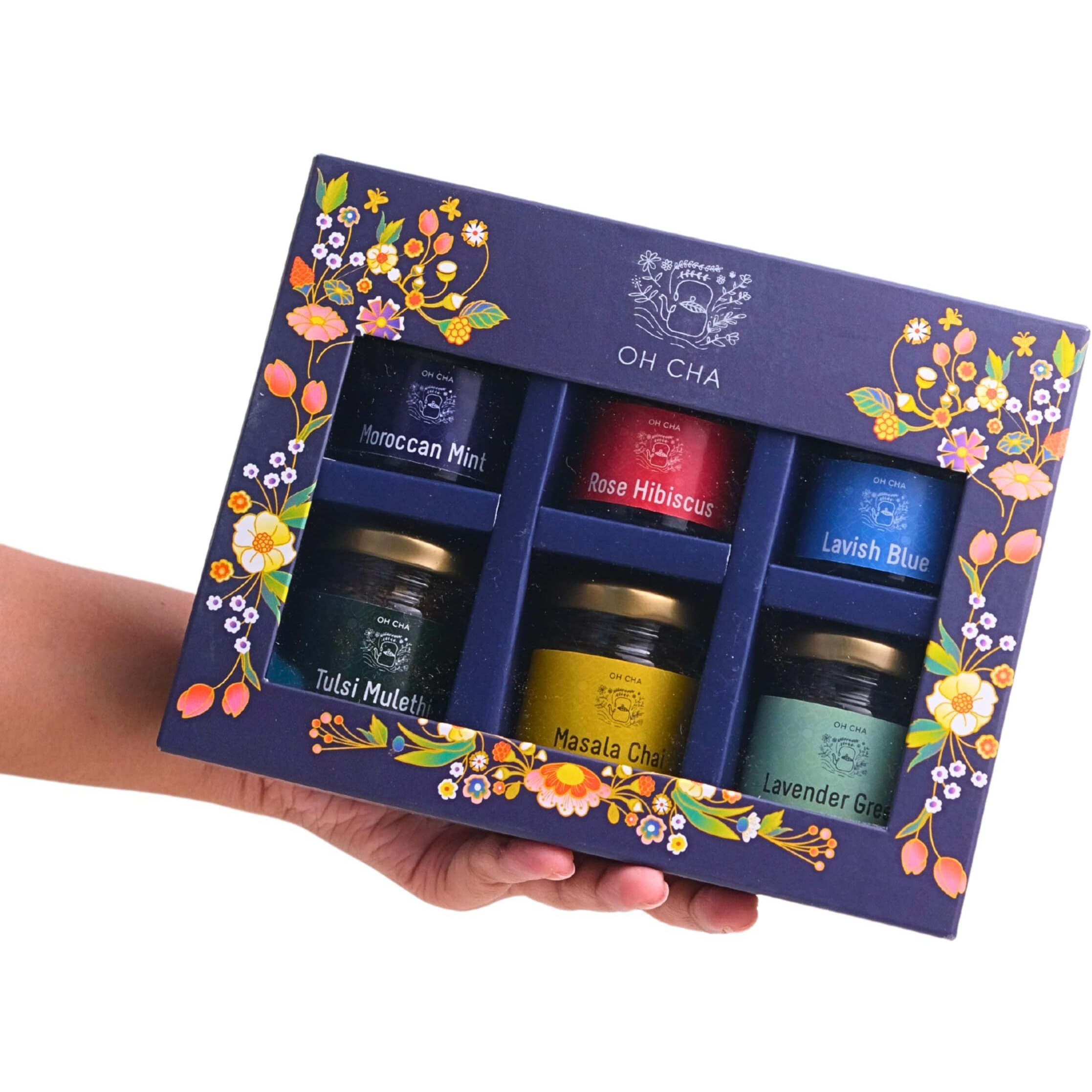 Oh Cha - Assorted Teas Gift Box | Tea Gift Set With 6 Flavors | Festive Gift Box | Green Tea, Black Tea, Herbal Tea | Birthday Gift For Girls, Men, Women, Healthy Gift Pack, Loose Leaves
