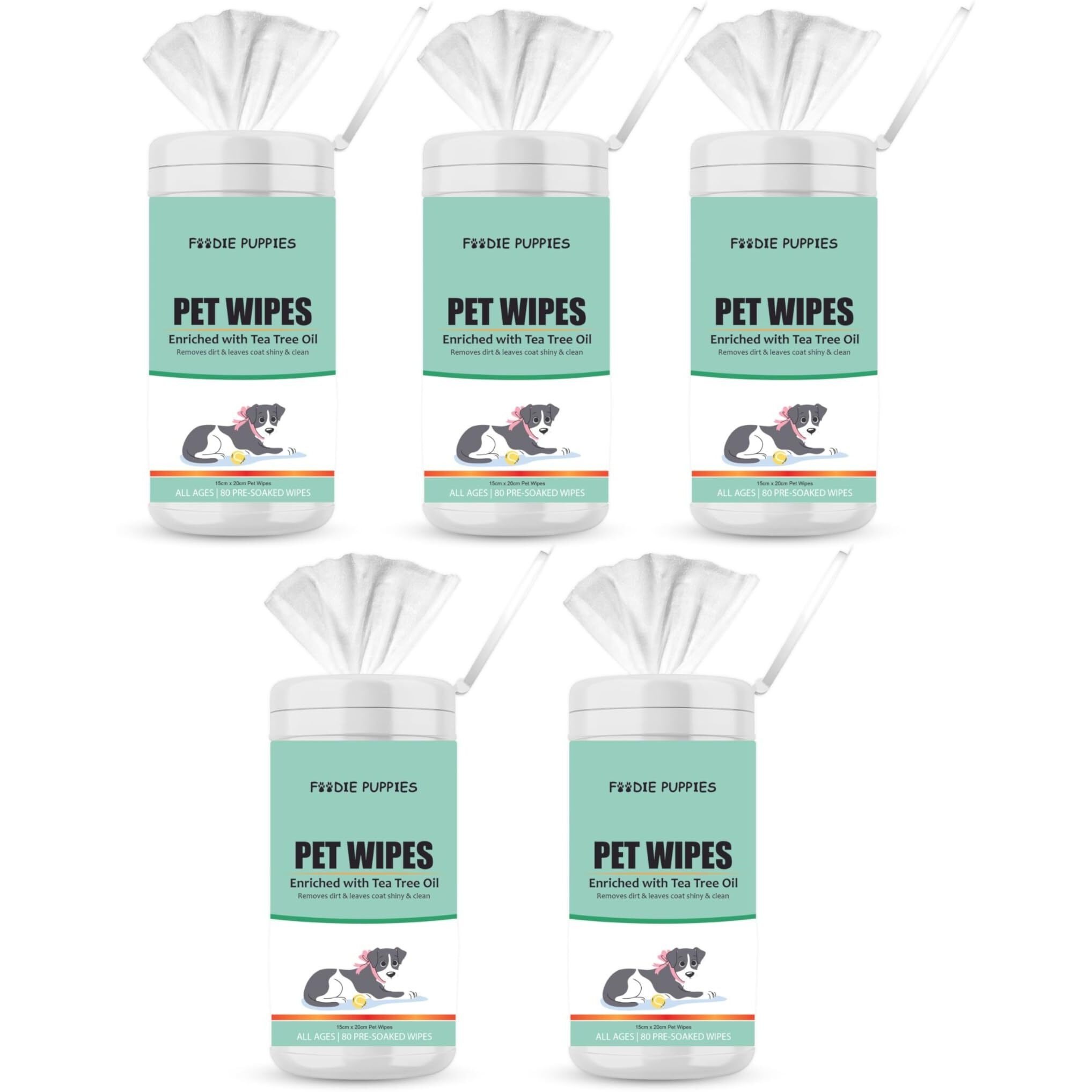 Foodie Puppies Anti-Bacteria 400 Pulls Pet Wet Canister Wipes - 80 Wipes (Pack Of 5) | Lemon & Green Tea Wipes For Dogs, Puppies, Cats, Kittens & Small Animals | Sls Free, Paraben Free & Cruelty Free
