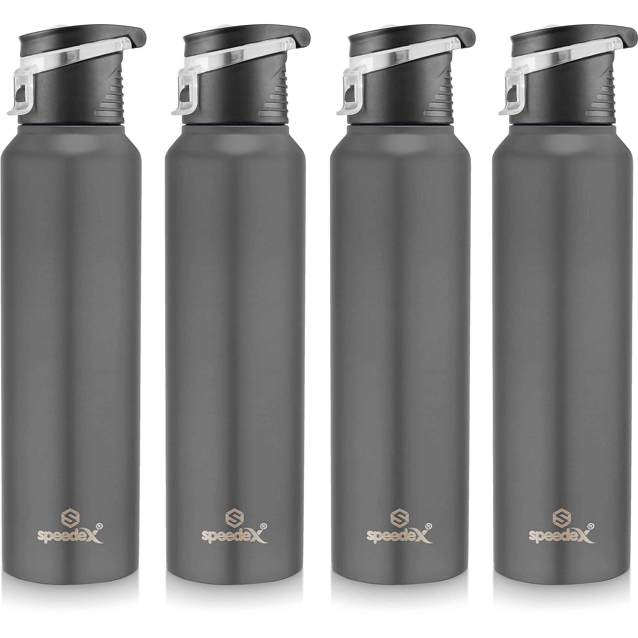 Speedex Stainless Steel Water Bottle 1 Ltr For Kids, Boys, Girls, 1 Litre Bottles For Gym, Sports, Fridge Use, School & Office - 1000Ml, Dark Grey Colour, Set Of 4, Flipper Cap