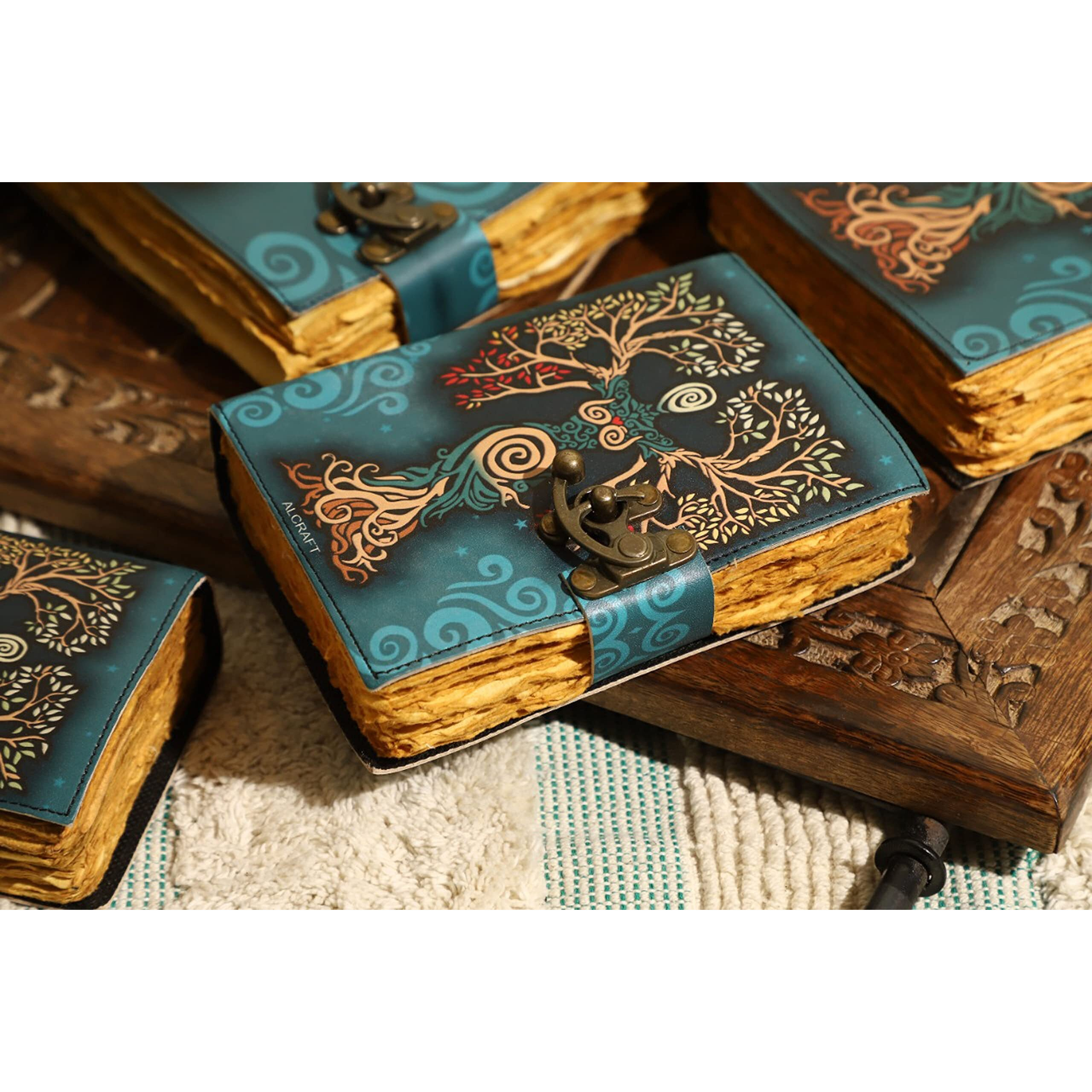 Alcraft Blank Spell Book Of Shadows Journal With Lock Clasp Antique Handmade Deckle Edge Vintage Paper Leather Bound Journal For Women And Men |Travel Notebook For Writing 25.4 X 17.78 Cm, 200 Pages