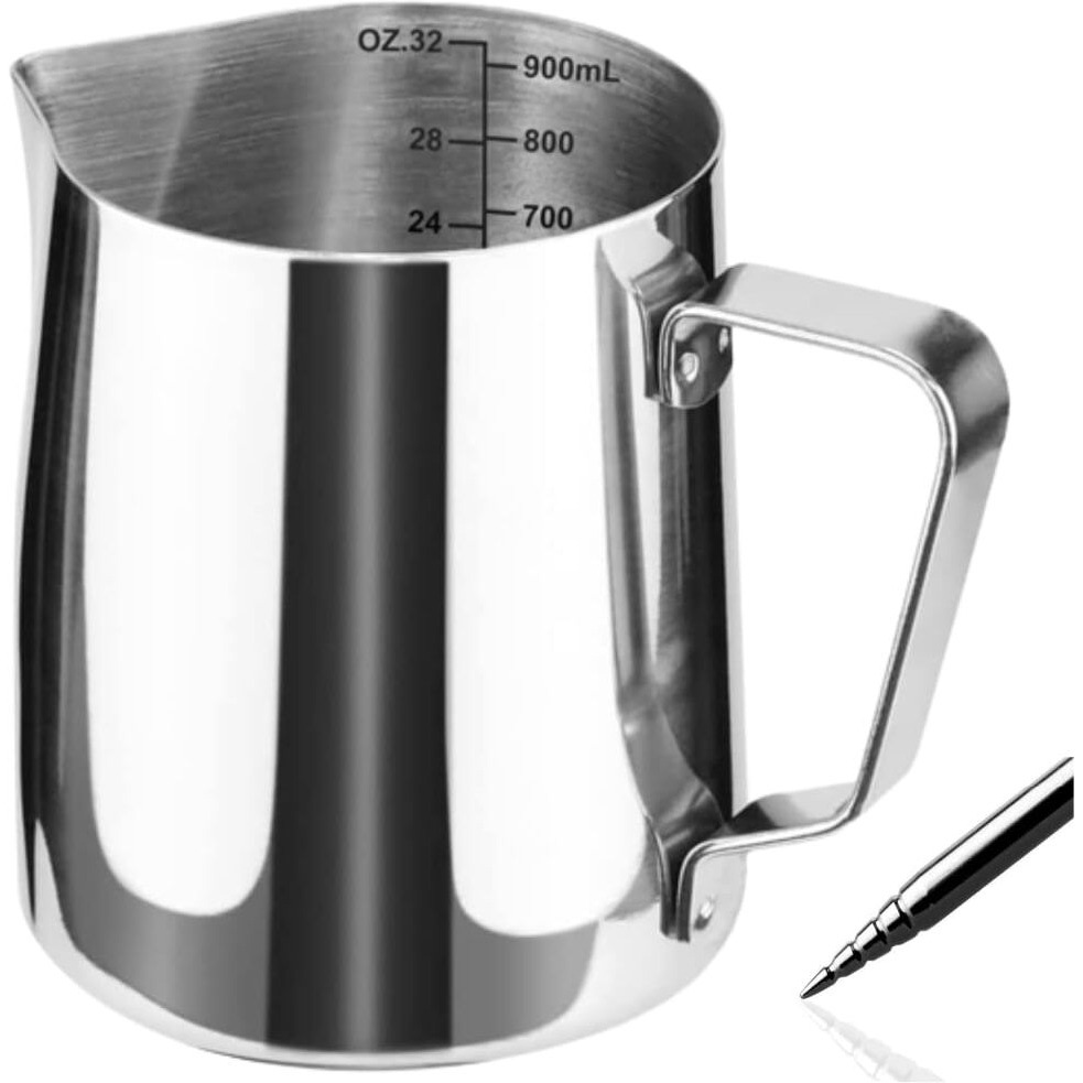 Homepixi Milk Frothing Pitcher (900Ml) With Coffee Art Needle, 304 Stainless Steel Espresso Coffee Pitcher For Latte Art, Jug For Milk Frothing, Barista Tools For Cappuccino & Coffee