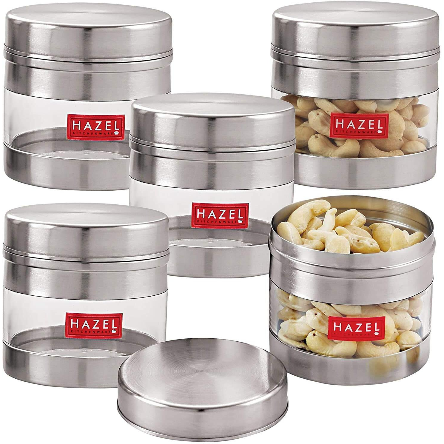 Hazel Stainless Steel Masala Container I Set Of 5 Transparent Masala Boxes For Kitchen I See Through Small Container For Spices I Capacity Of 350 Ml, Silver Color Box With Matt Finish