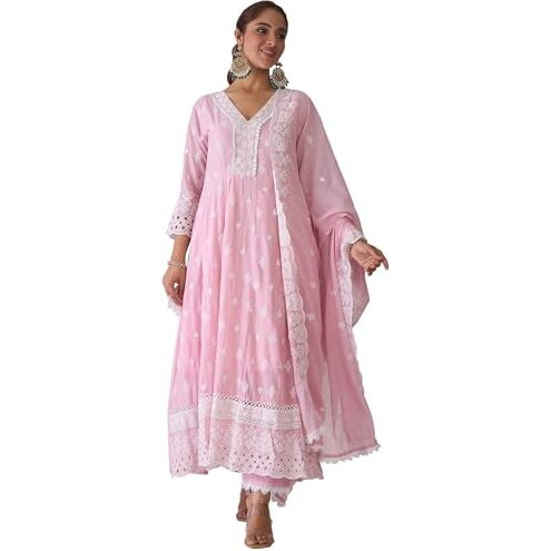 Indo Era Women's Embroidered Pure Cotton Kurta & Pant With Dupatta Set (Kh0Pk6081_X-Large)