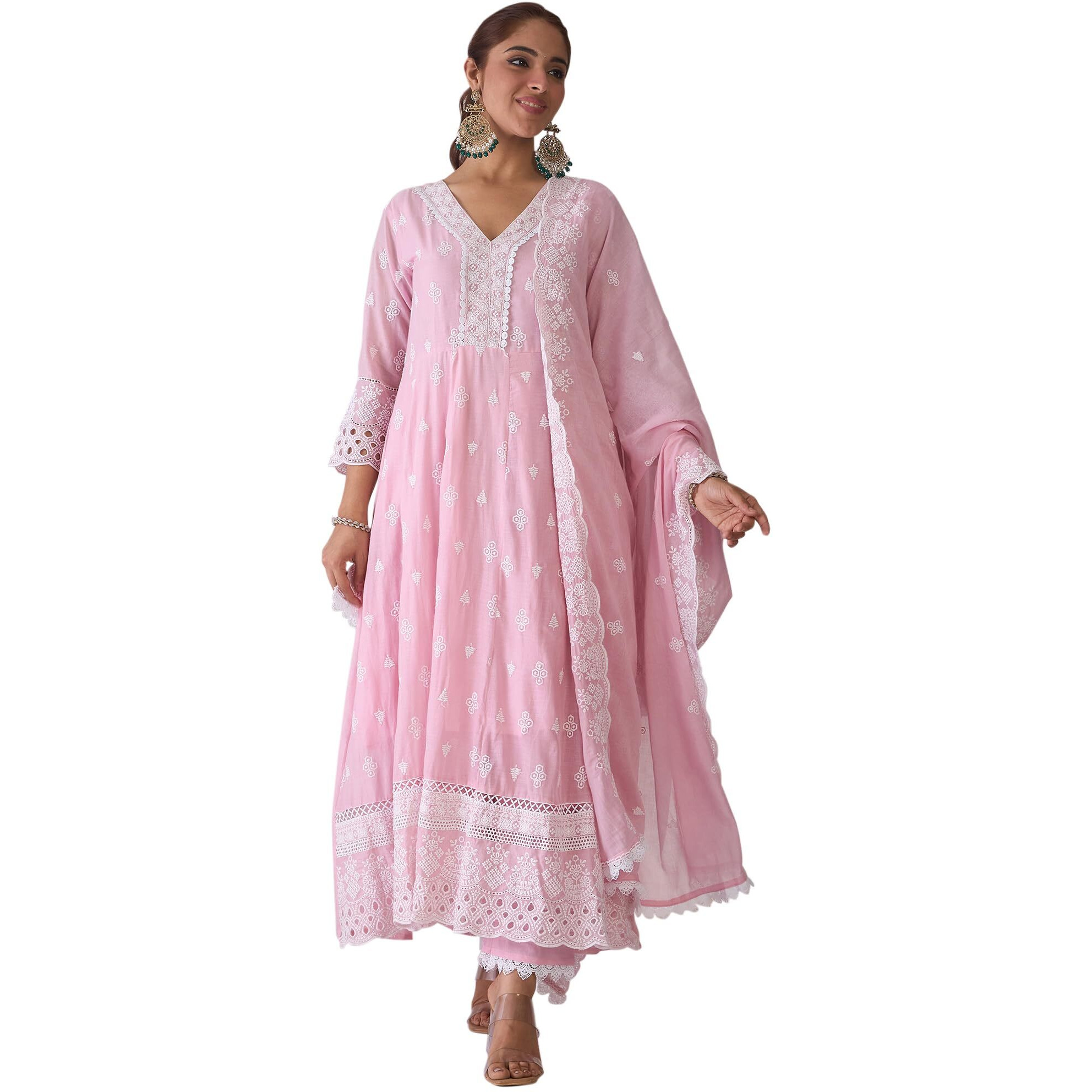 Indo Era Women's Embroidered Pure Cotton Kurta & Pant With Dupatta Set (Kh0Pk6081_Medium)