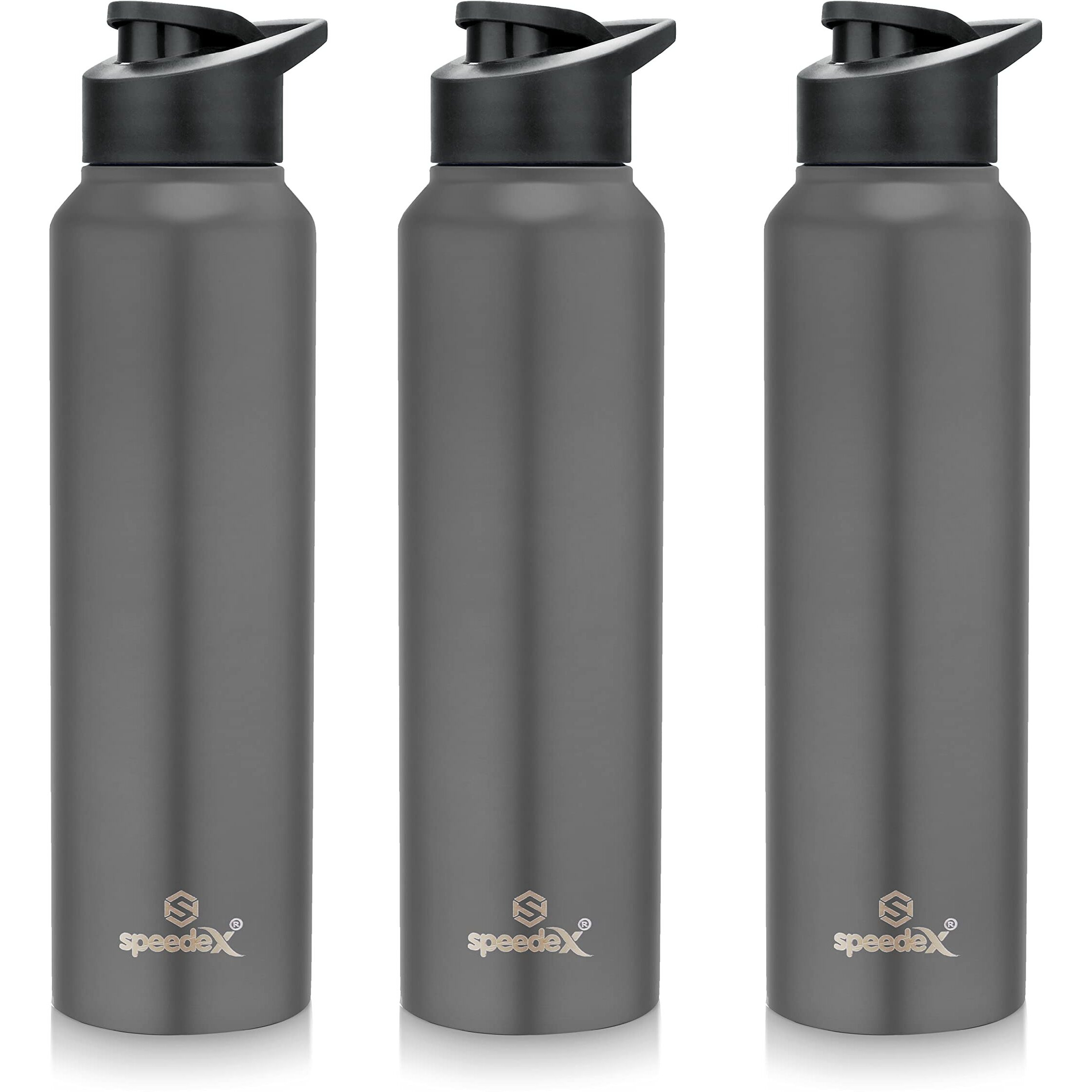 Speedex Stainless Steel Water Bottle 1 Ltr For Kids, Boys, Girls, 1 Litre Bottles For Gym, Sports, Fridge Use, School & Office - 1000Ml, Dark Grey Colour, Set Of 3, Sipper Cap