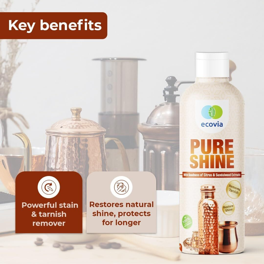 Ecovia Pure Shine | Eco-Friendly Brass & Copper Cleaning Gel | Anti-Tarnish Cleaning Liquid For Decorative Articles | Ideal For Pooja Items, Copper Utensils | Citrus & Sandalwood Extracts - 300Ml