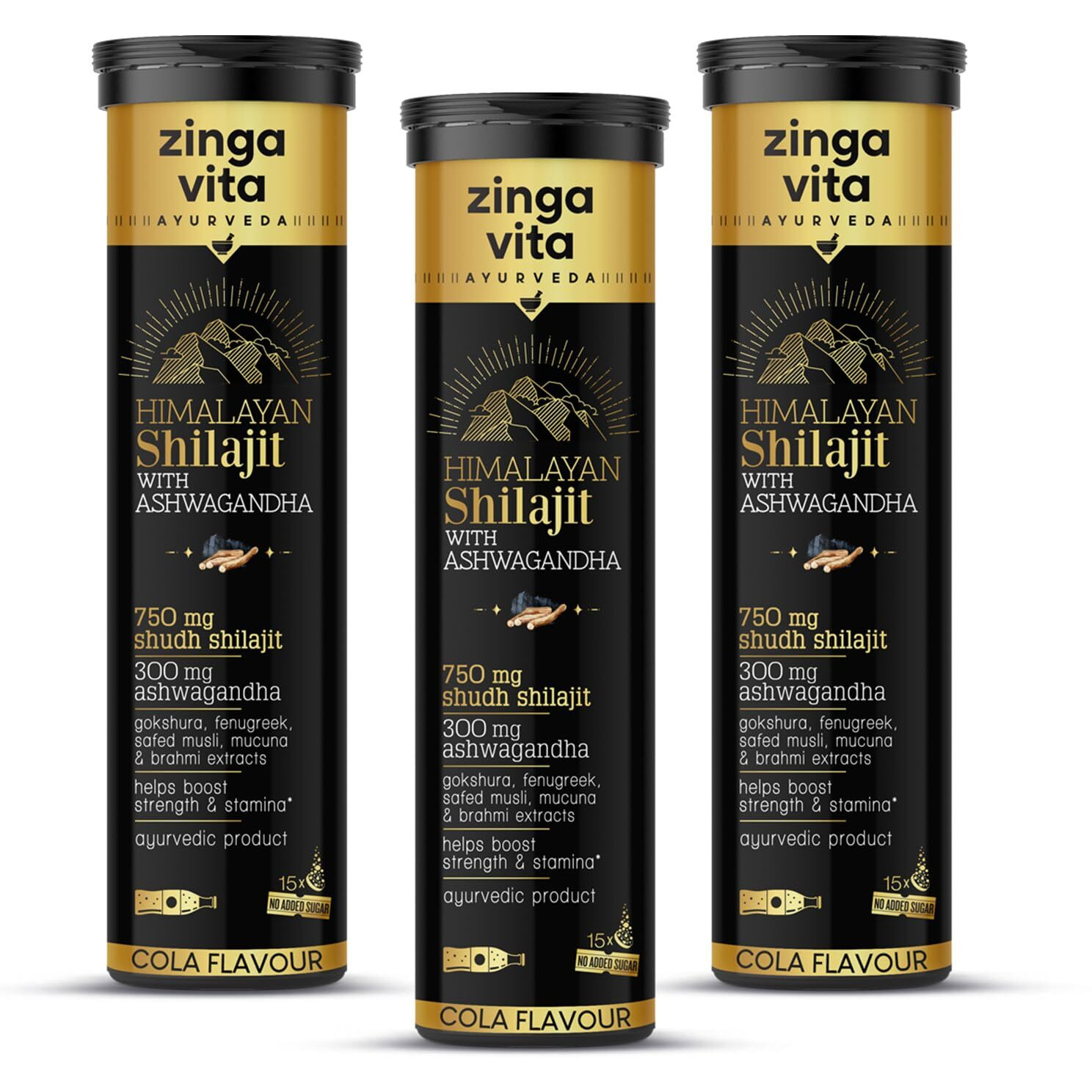 Zingavita Himalayan Shilajit For Men Pure Original Shilajit/Shilajeet (750 Mg) With Ashwagandha Effervescent Tablets For Stamina & Performance Cola Flavour | 100% Ayurvedic | Pack Of 3