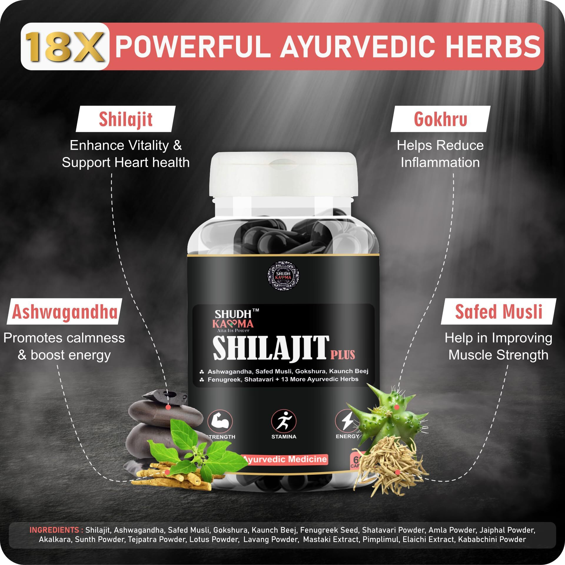 Shilajit Plus Ayurvedic Supplement With 18 Herbs Including Shilajit, Ashwagandha And Safed Musli For Strength & Stamina - 180 Capsules