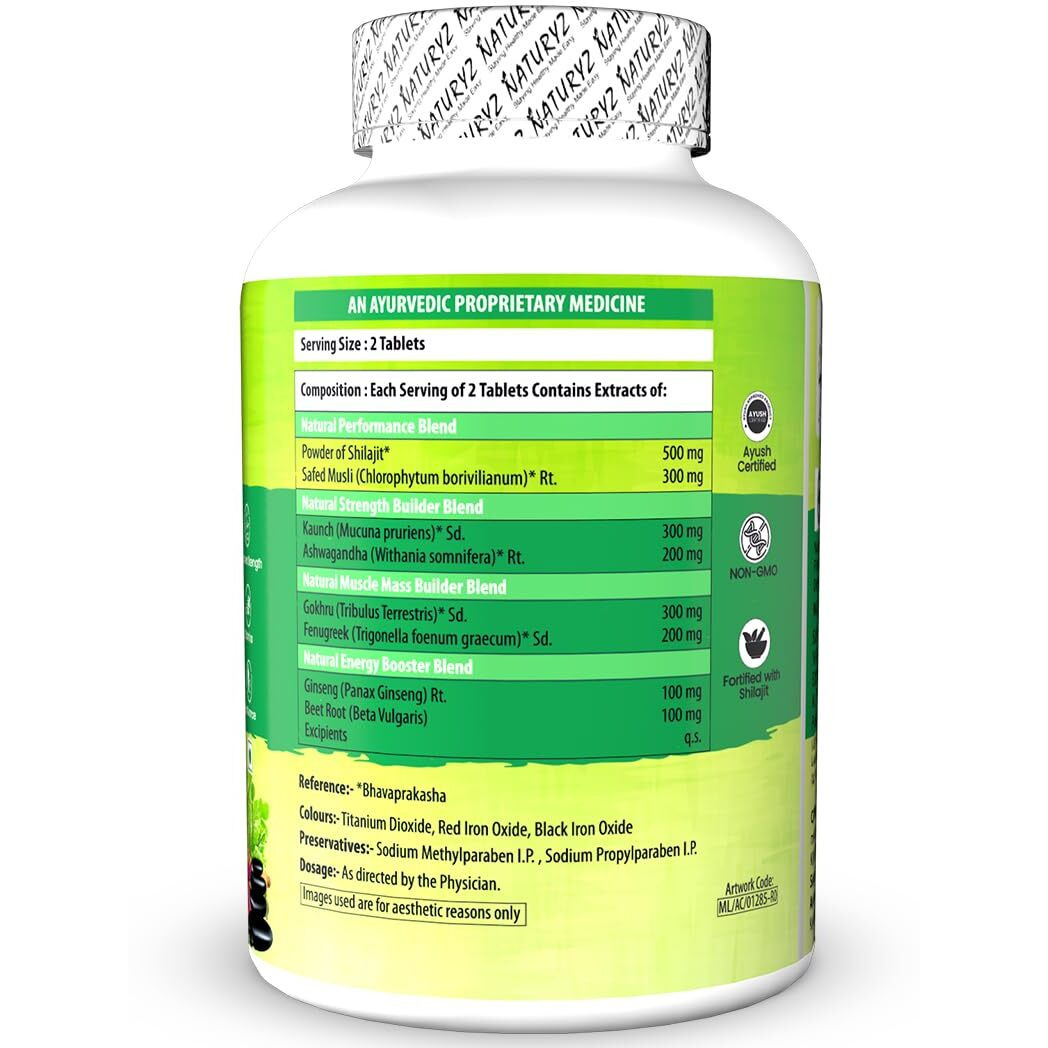 Naturyz Veda Natural T-Max Booster With 8 Ayurvedic Herbs | Highest Strength Shilajit | Safed Musli | Kaunch | Ashwagandha | Gokshura | Ginseng | High Absorption | Original Shilajeet Improves Strength, Stamina, Endurance, Energy & Muscle Mass For Men & Women - 90 Tablets