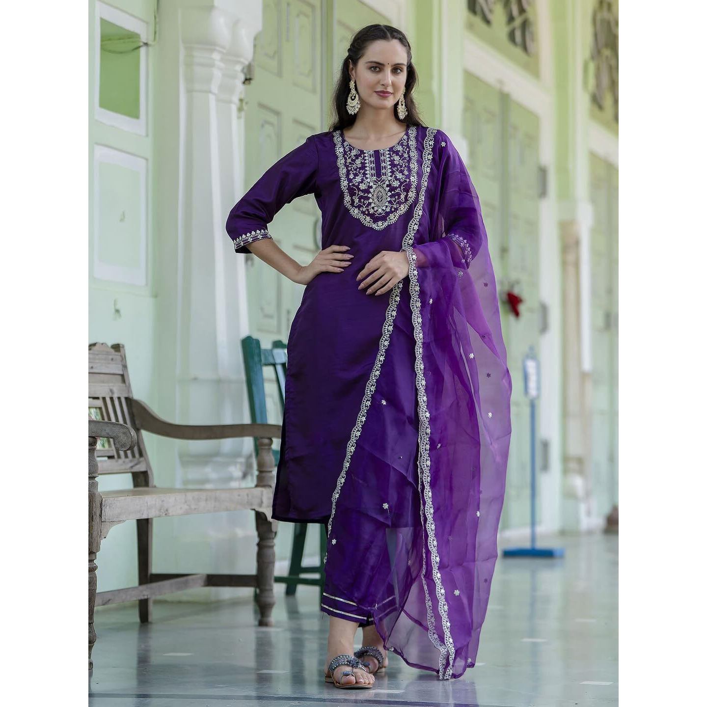 Vredevogel Kurta Set With Dupatta | Embroidered Silk Blend Straight Kurta Pant Set For Women | Women's Ethnic Casual Kurti Set (Purple_Medium)