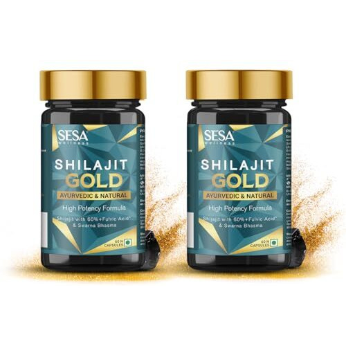 Sesa Shilajit Capsules Gold With 60%+ Fulvic Acid 100% Natural Ayurvedic Shilajit Extract Helps Boost Stamina & Strength, 120 Capsules (60 Capsule Pack Of 2)