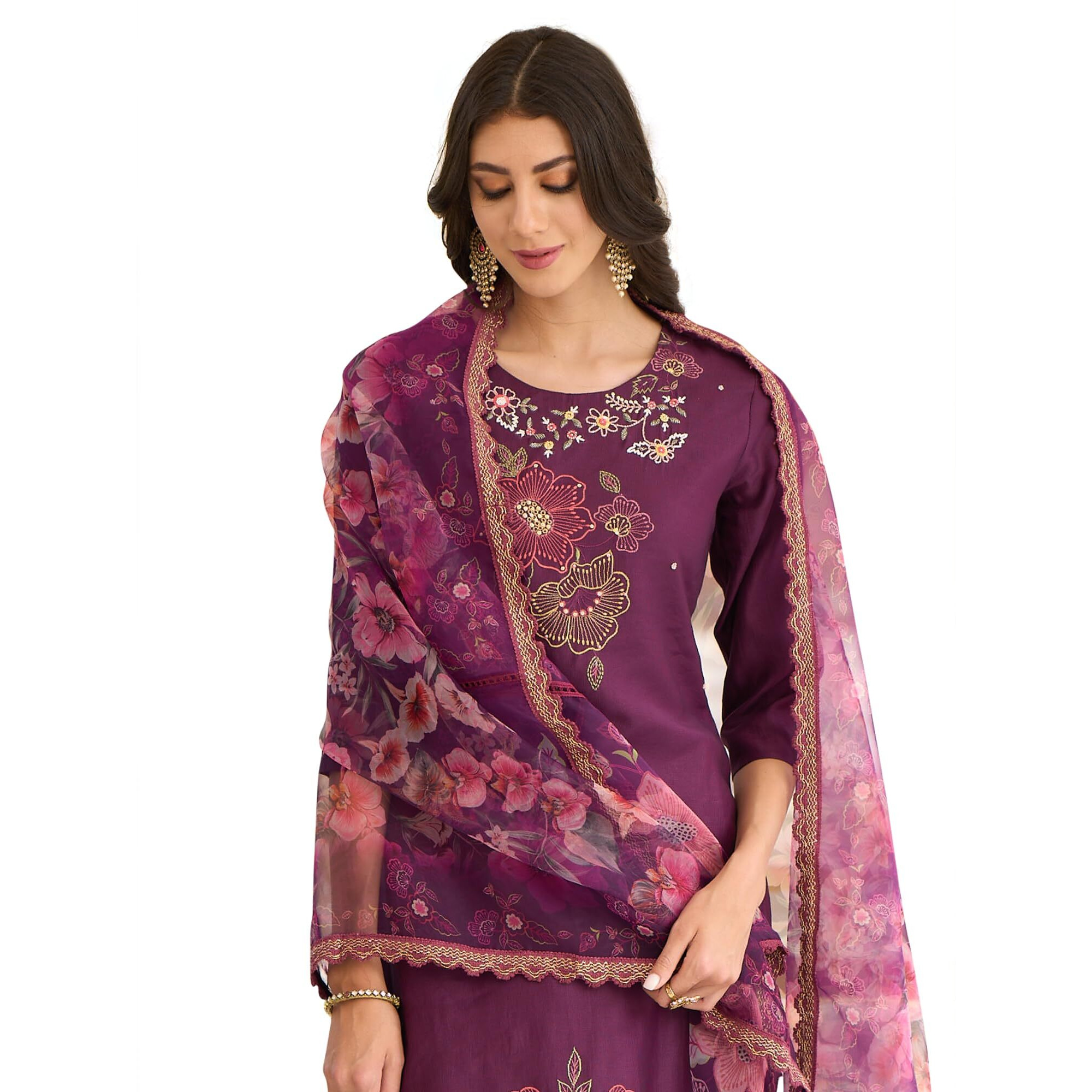 Indo Era Women's Wine Embroidered Silk Blend Straight Kurta Pant With Dupatta Set (Ieout7495_Medium)
