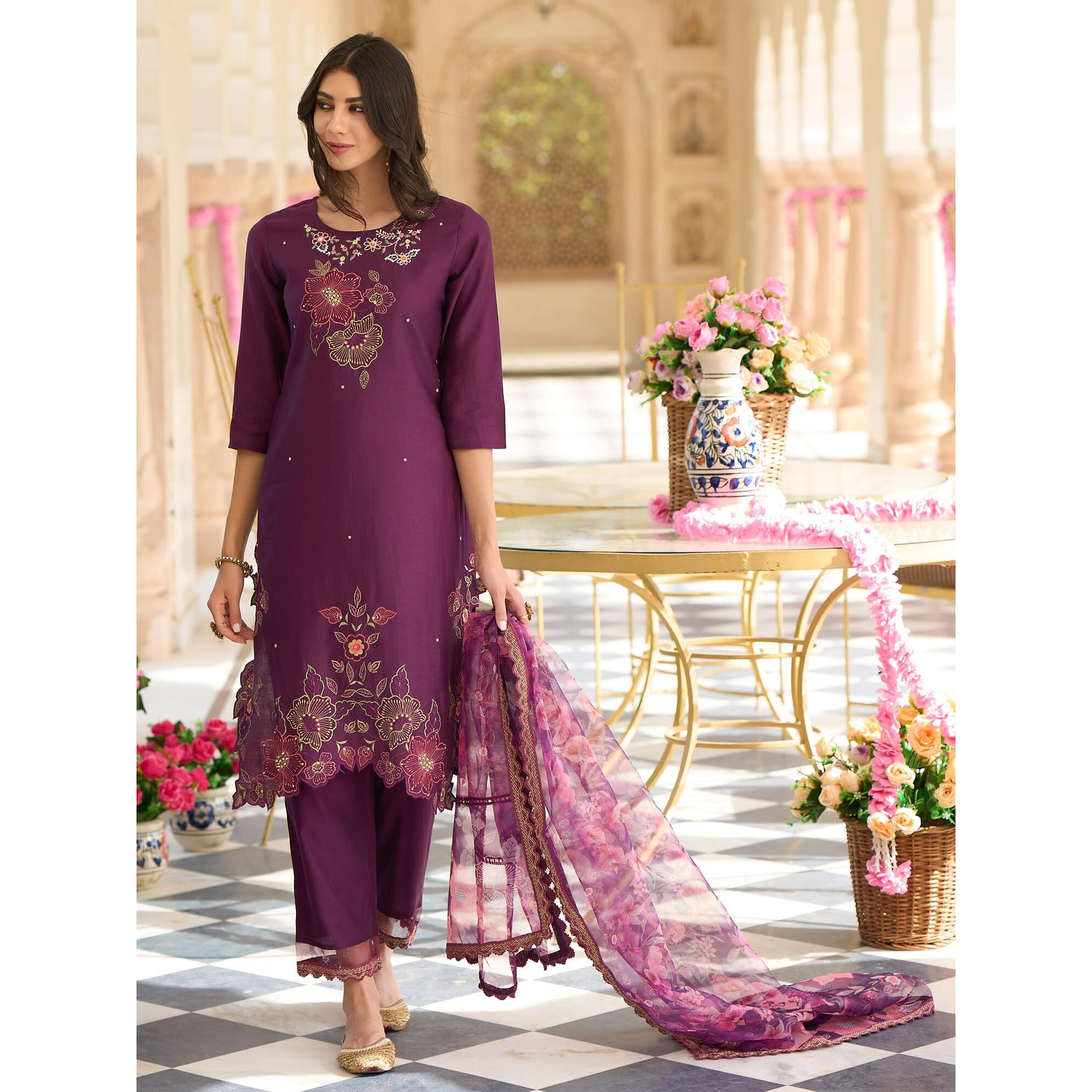 Indo Era Women's Wine Embroidered Silk Blend Straight Kurta Pant With Dupatta Set (Ieout7495_Medium)