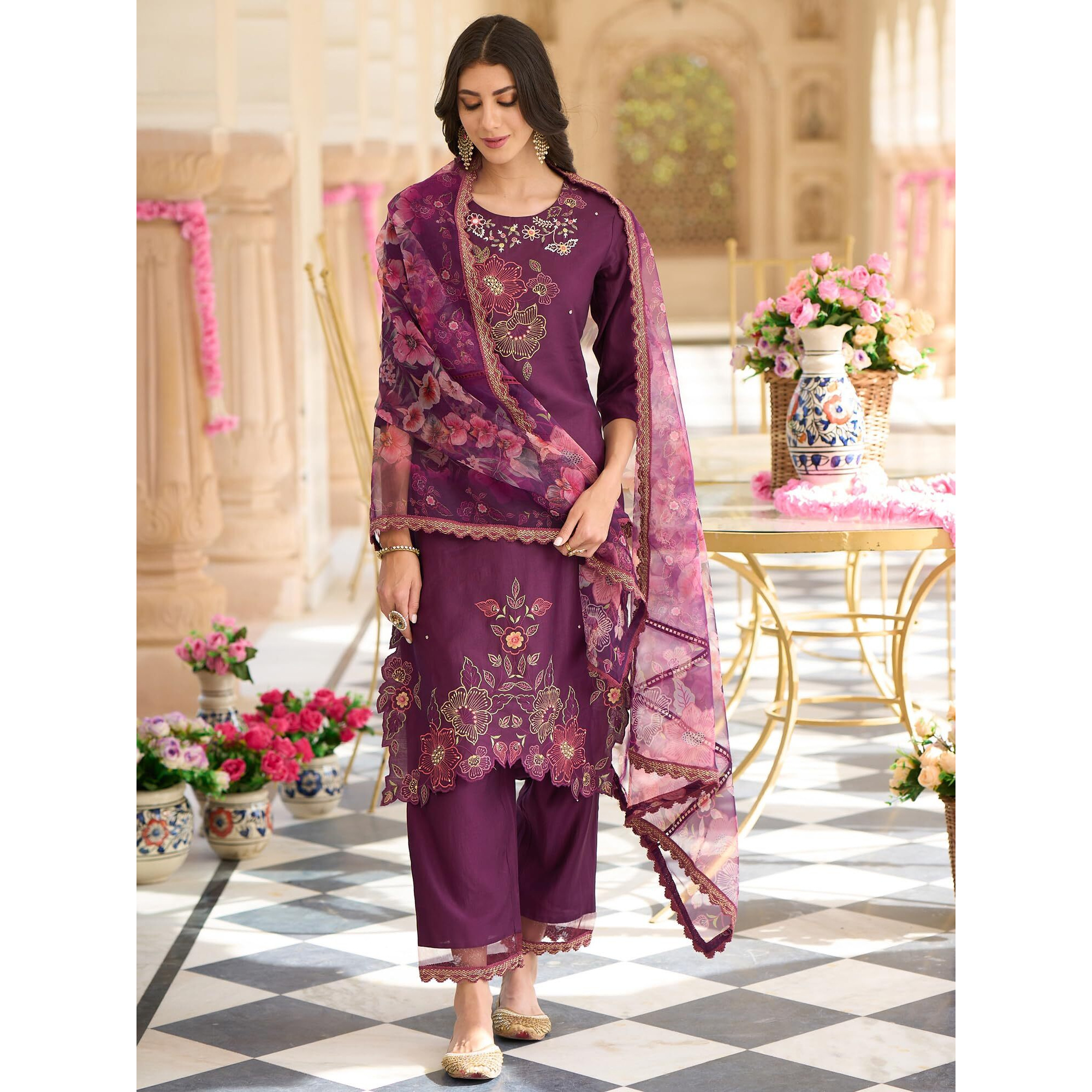 Indo Era Women's Wine Embroidered Silk Blend Straight Kurta Pant With Dupatta Set (Ieout7495_Medium)