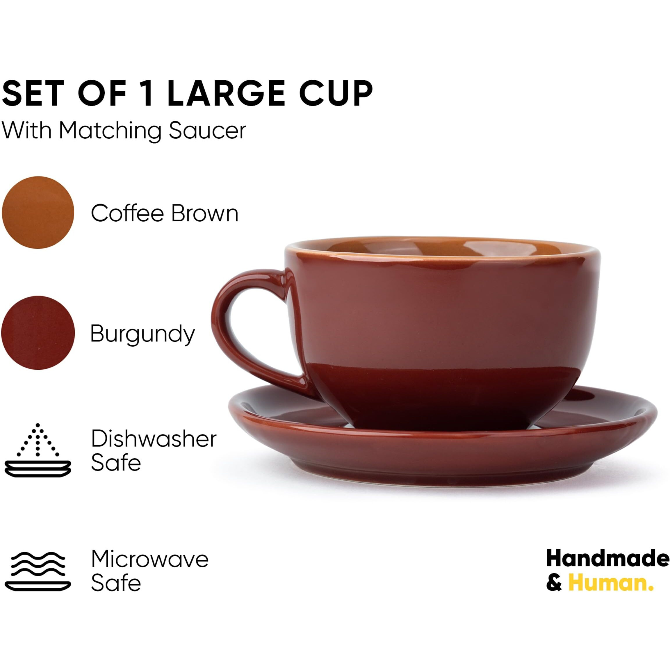Shay Large Ceramic Coffee Cup Saucer Set, Burgundy, 320Ml | Cappuccino Cup | Glossy Finish | Premium Porcelain | Microwave Safe (Xl Cup Saucer - Burgundy)