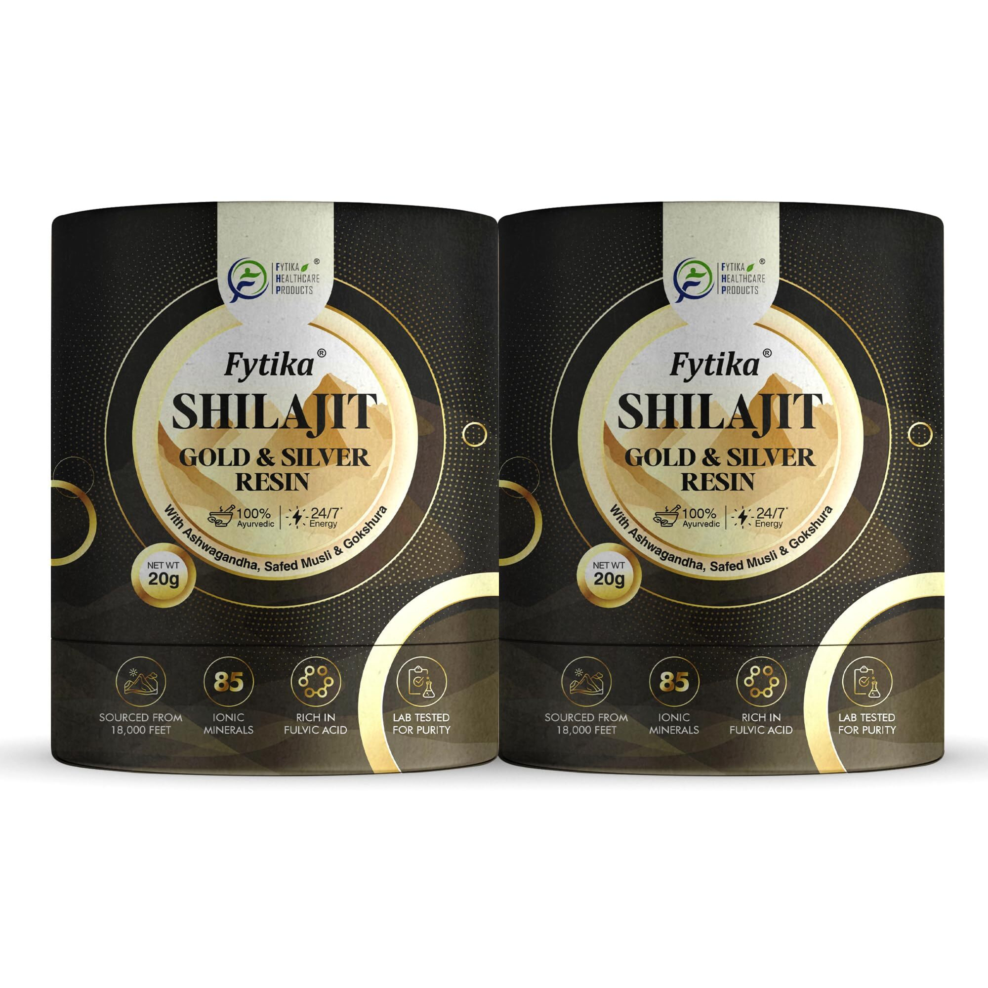 Fytika Shilajit/Shilajeet Gold And Silver Resin-20G (Pack Of 2) | 100% Ayurvedic Himalayan Shilajit | Swarn Bhasam, Rajat Bhasam, Ashwagandha, Safed Musli, Gokshura |For Strength, Stamina And Energy