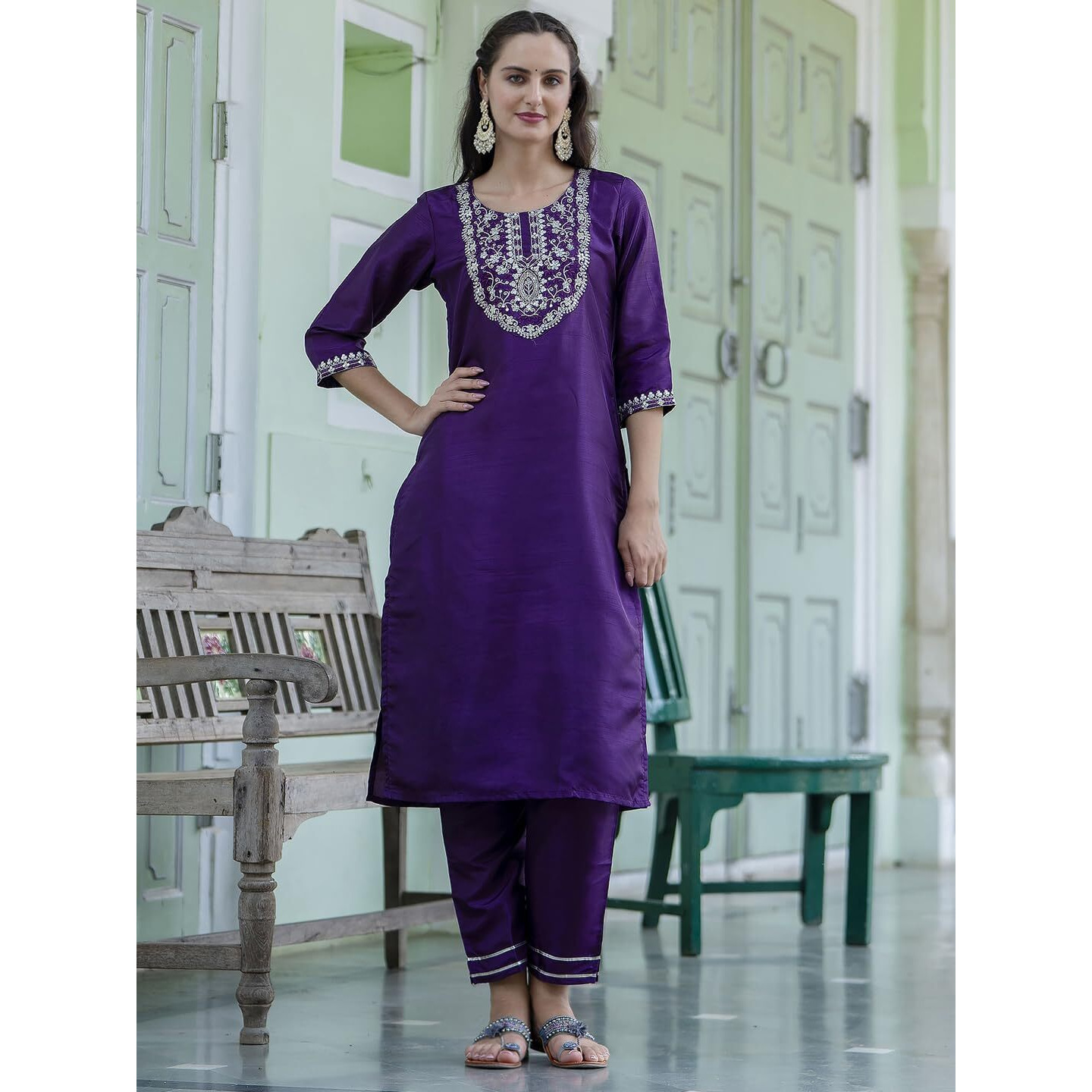 Vredevogel Kurta Set With Dupatta | Embroidered Silk Blend Straight Kurta Pant Set For Women | Women's Ethnic Casual Kurti Set (Purple_Small)