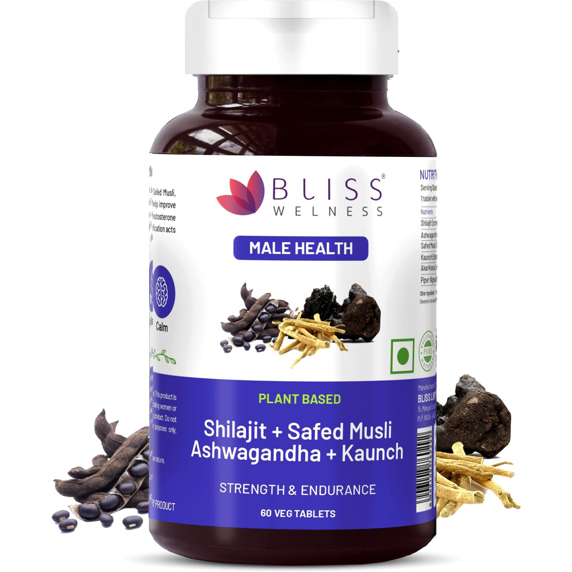 Bliss Welness Testosterone Supplement | Shilajit Ashwagandha Kaunch Beej Safed Musli Akarkhara Extract | Energy Performance Ayurvedic Health Supplement - 60 Vegetarian Tablets