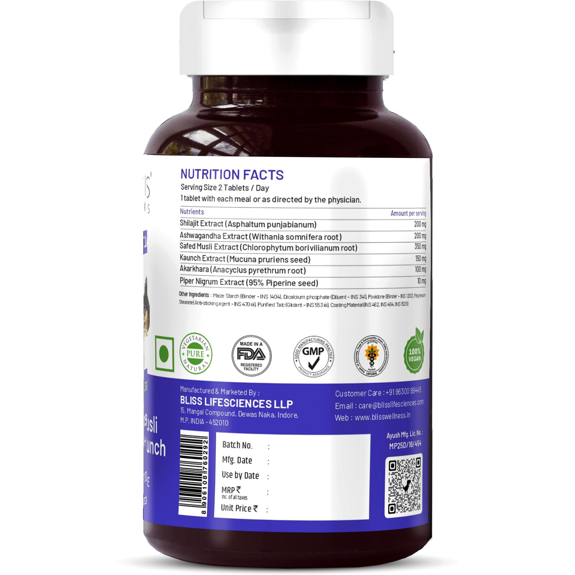 Bliss Welness Testosterone Supplement | Shilajit Ashwagandha Kaunch Beej Safed Musli Akarkhara Extract | Energy Performance Ayurvedic Health Supplement - 60 Vegetarian Tablets