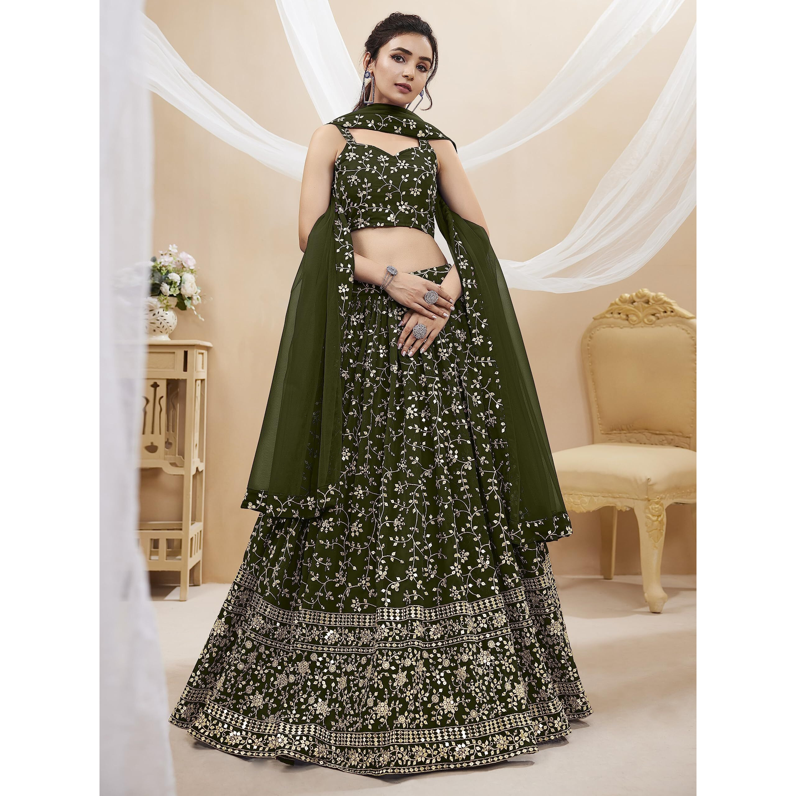 Zeel Clothing Women's Sequins Zari Embroidered Georgette Semi-Stitched Lehenga Choli With Dupatta (402-Green-Wedding-Bridal-Latest-New Free Size) (Green)