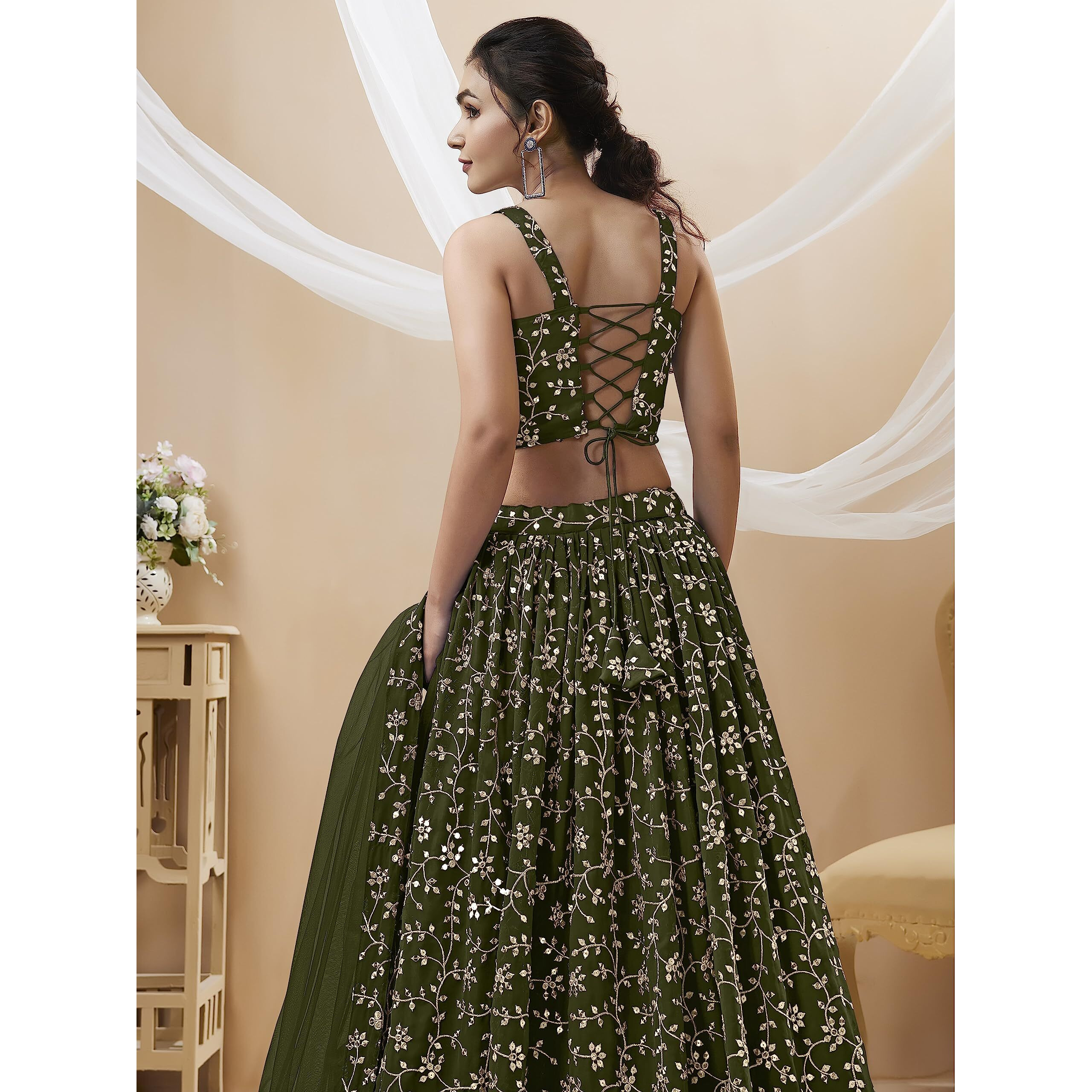 Zeel Clothing Women's Sequins Zari Embroidered Georgette Semi-Stitched Lehenga Choli With Dupatta (402-Green-Wedding-Bridal-Latest-New Free Size) (Green)