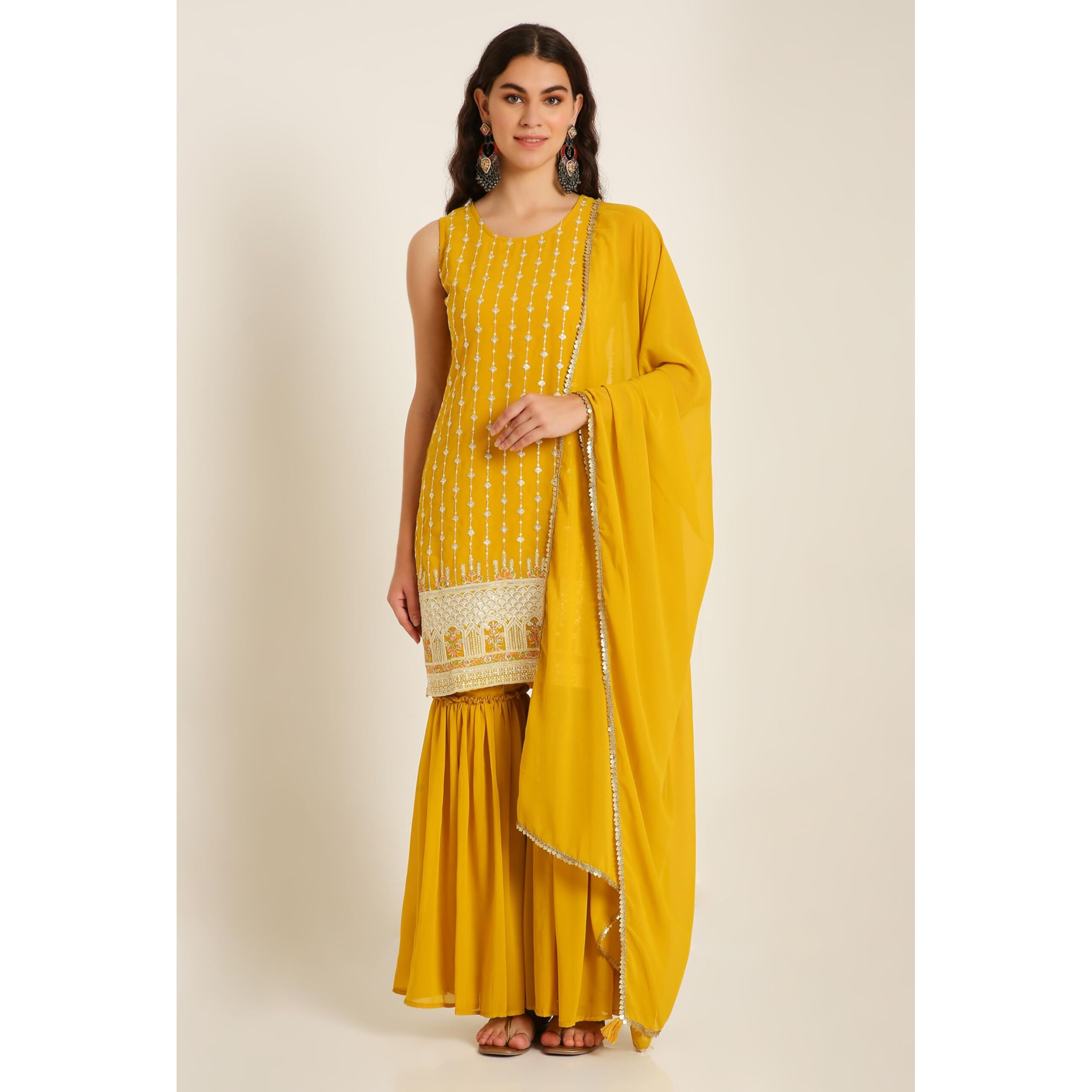 Shopping Queen Women's Georgette Embroidered Kurta Sharara Set With Dupatta (A509_Corn Yellow_2Xl)
