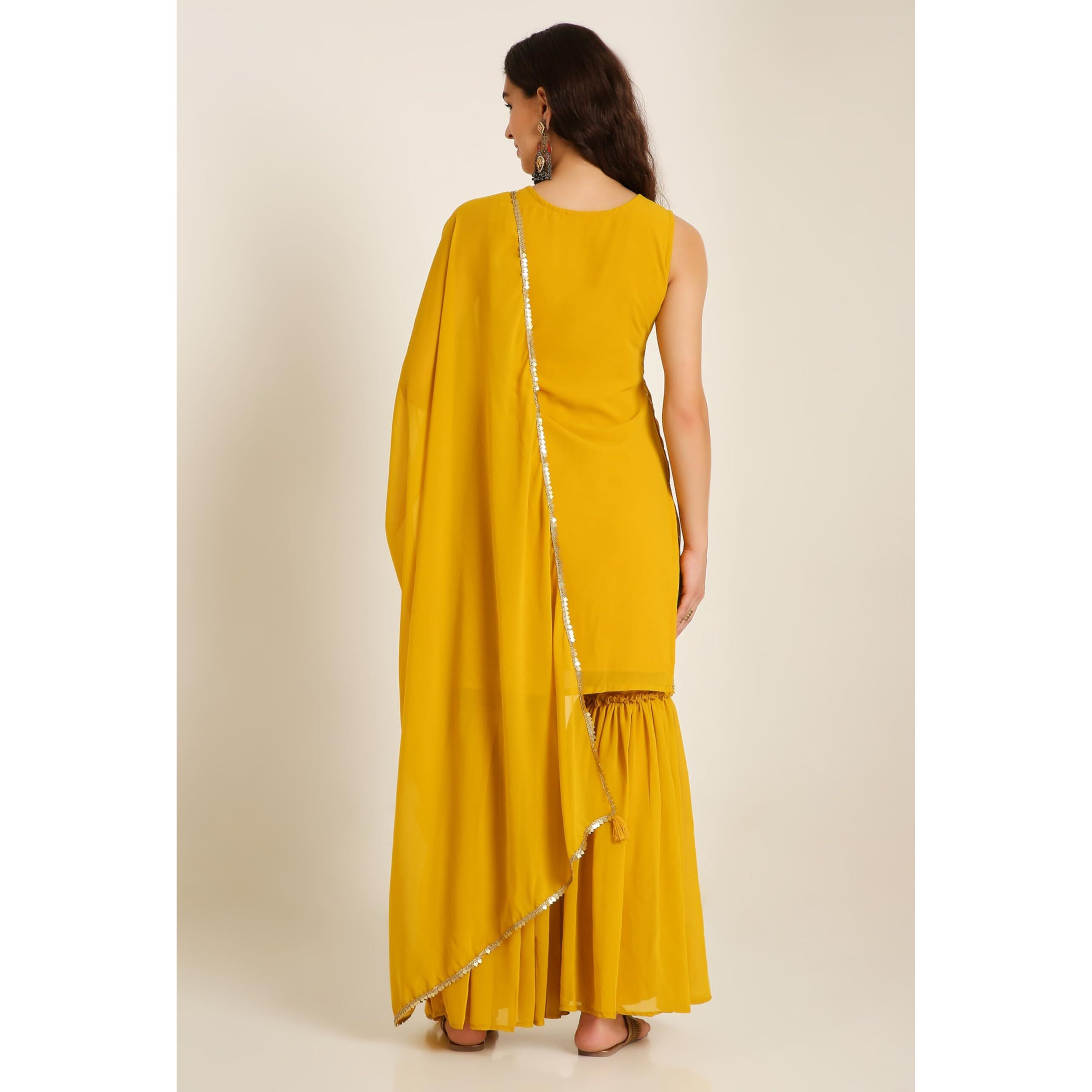 Shopping Queen Women's Georgette Embroidered Kurta Sharara Set With Dupatta (A509_Corn Yellow_2Xl)