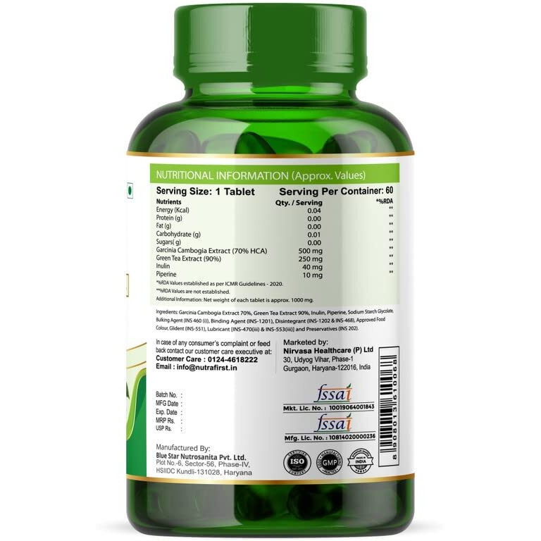 Nutrafirst Garcinia Cambogia Tablets With 70% Hca, Green Tea Extract, And Piperine For Weight Management - 60 Tablets (Garcinia Cap + Green Coffee Cap)