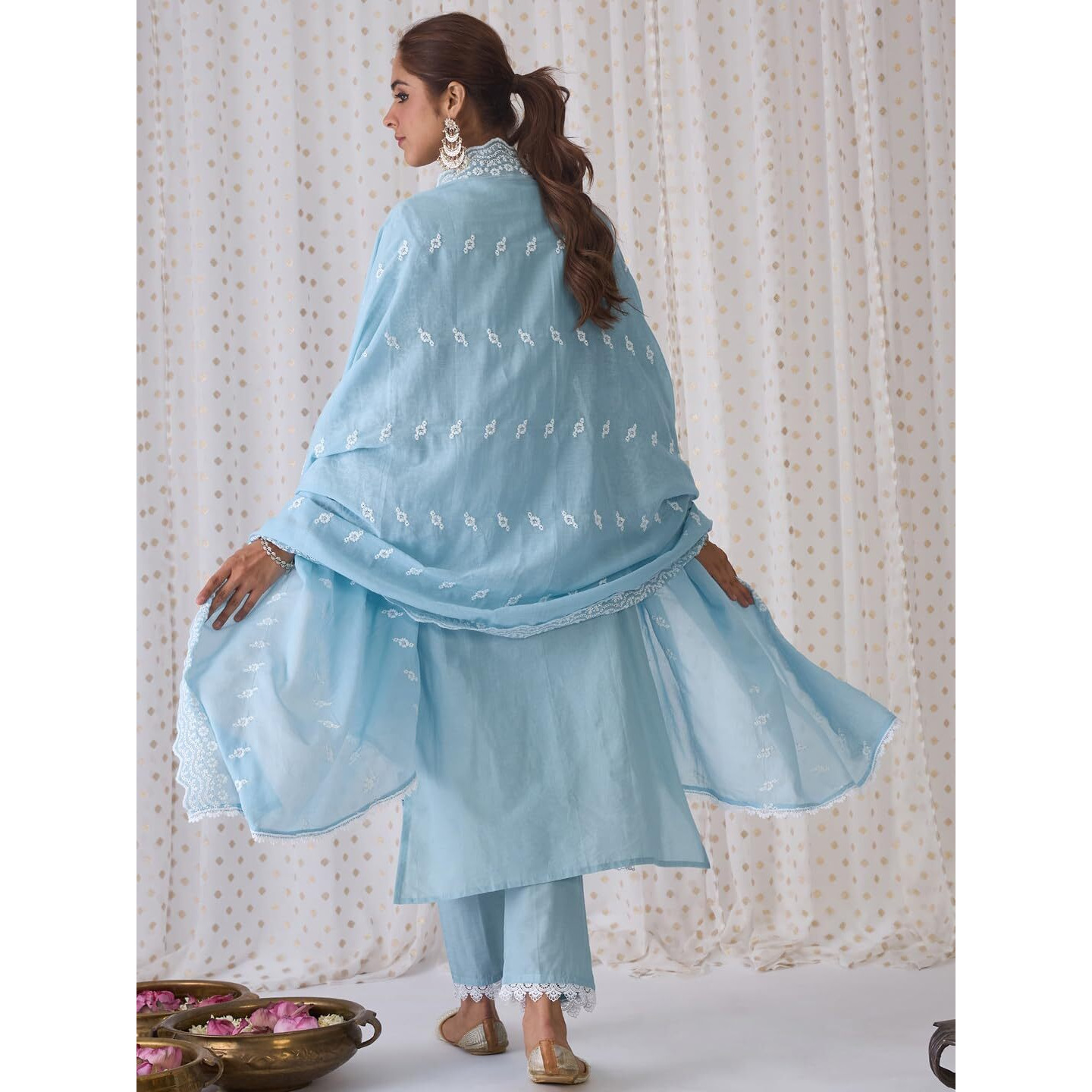 Indo Era Women's Embroidered Pure Cotton Kurta & Pant With Dupatta Set (Kh0Bl6074_Small)