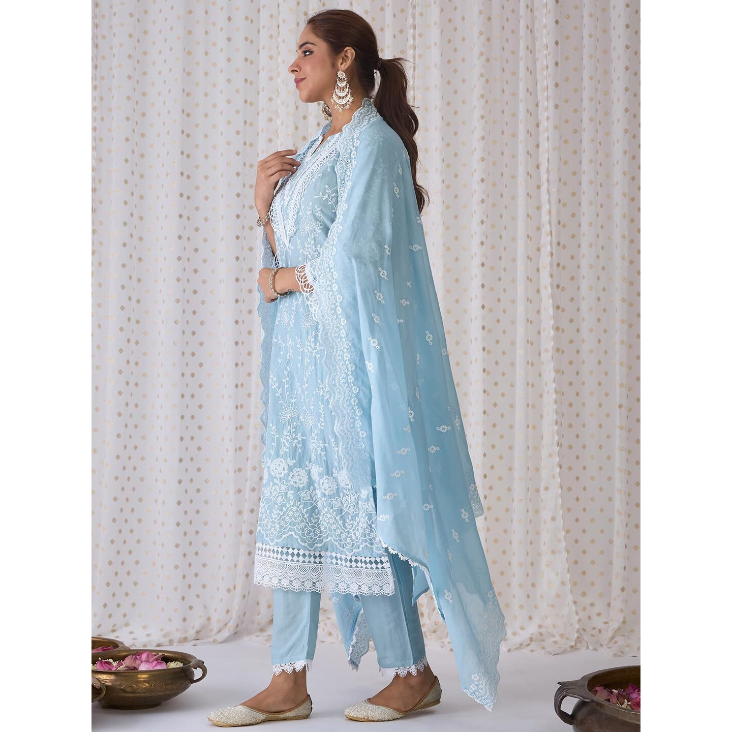 Indo Era Women's Embroidered Pure Cotton Kurta & Pant With Dupatta Set (Kh0Bl6074_Small)