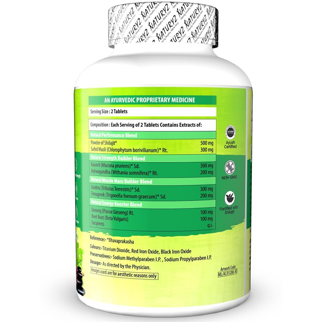 Naturyz Veda Natural T-Max Booster With 8 Ayurvedic Herbs | Highest Strength Shilajit | Safed Musli | Kaunch | Ashwagandha | Gokshura | Ginseng | High Absorption | Original Shilajeet Improves Strength, Stamina, Endurance, Energy & Muscle Mass For Men & Women - 60 Tablets