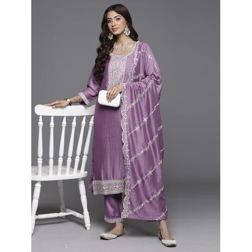 Indo Era Women's Embroidered Silk Blend Calf Length Straight Kurta Pant With Dupatta Set (Kh9Lv7478_Large)
