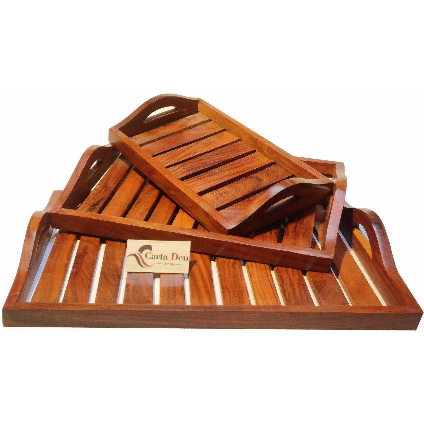 Cartaden Wooden Serving Trays Large Medium And Small Nesting Multipurpose Trays For Breakfast Coffee Table Butter & More (Upper Round Handle Tray Set Of 3)