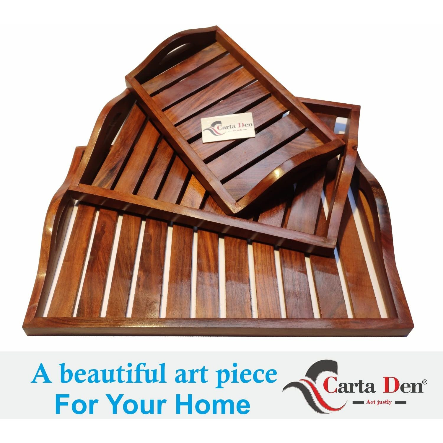 Cartaden Wooden Serving Trays Large Medium And Small Nesting Multipurpose Trays For Breakfast Coffee Table Butter & More (Upper Round Handle Tray Set Of 3)