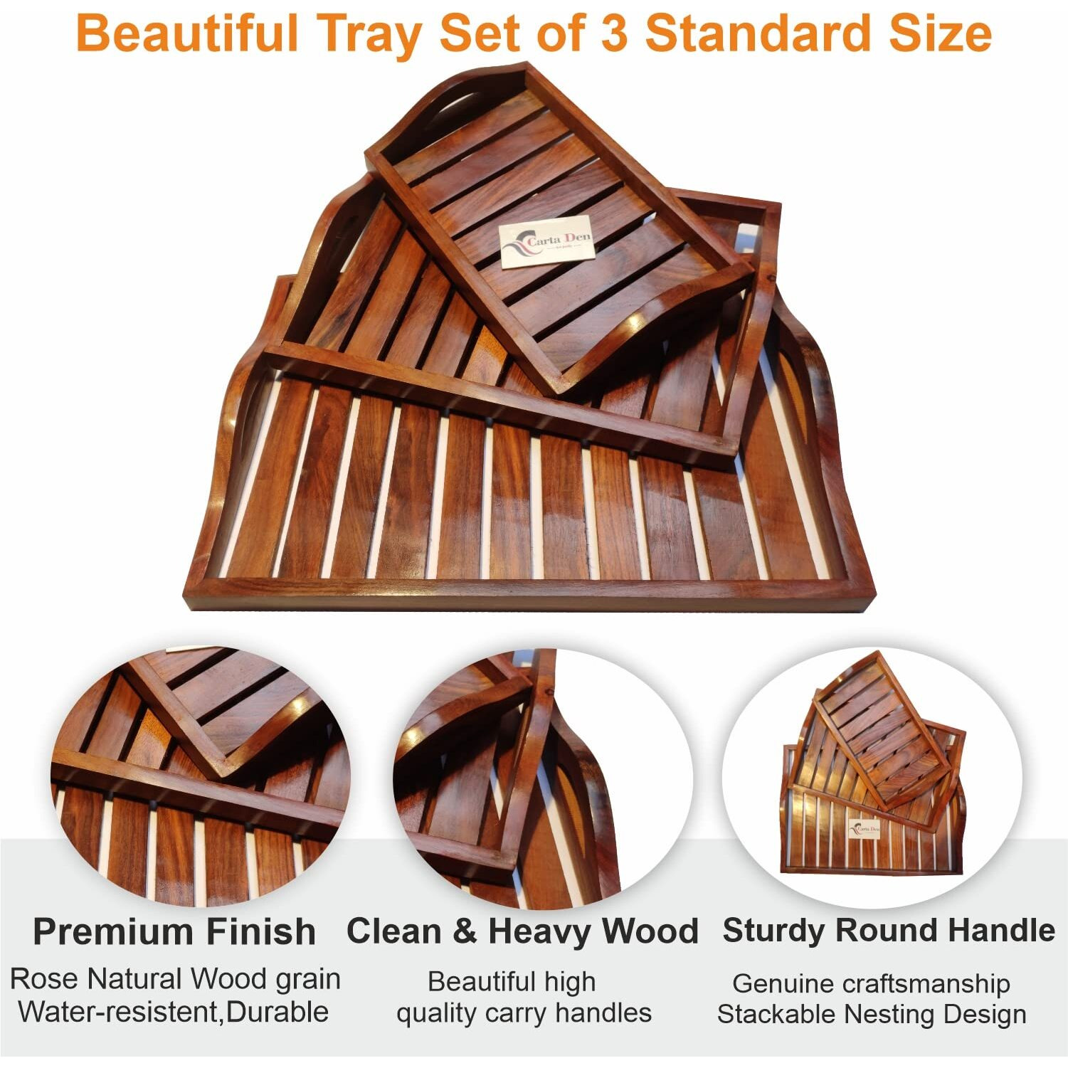 Cartaden Wooden Serving Trays Large Medium And Small Nesting Multipurpose Trays For Breakfast Coffee Table Butter & More (Upper Round Handle Tray Set Of 3)