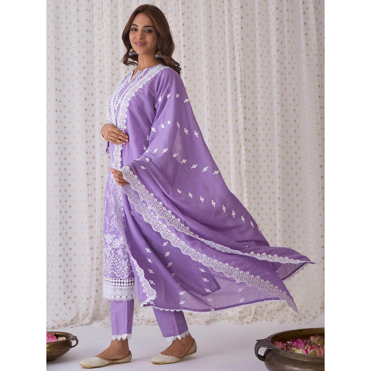 Indo Era Women's Embroidered Pure Cotton Kurta & Pant With Dupatta Suit Set (Kh0Pr6073_Small)
