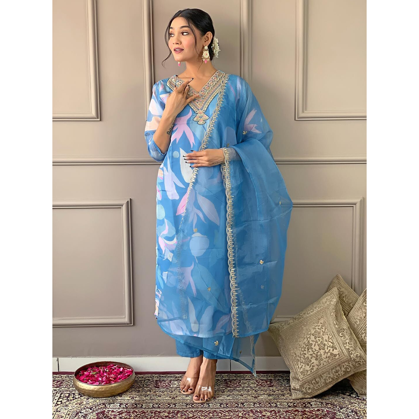 Naixa Women's Sky Organza With Cotton Lining Embroidered And Printed Straight Kurta With Rayon Pant And Organza Laced Dupatta Sets (Nk-424-Sky-S)