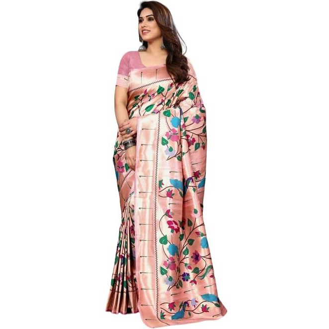Jaanvi Fashion Women's Paithani Silk Saree With Zari Work & Blouse Piece (Vishakha-Pink)