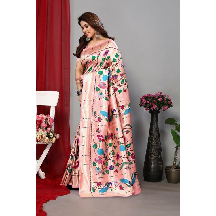 Jaanvi Fashion Women's Paithani Silk Saree With Zari Work & Blouse Piece (Vishakha-Pink)